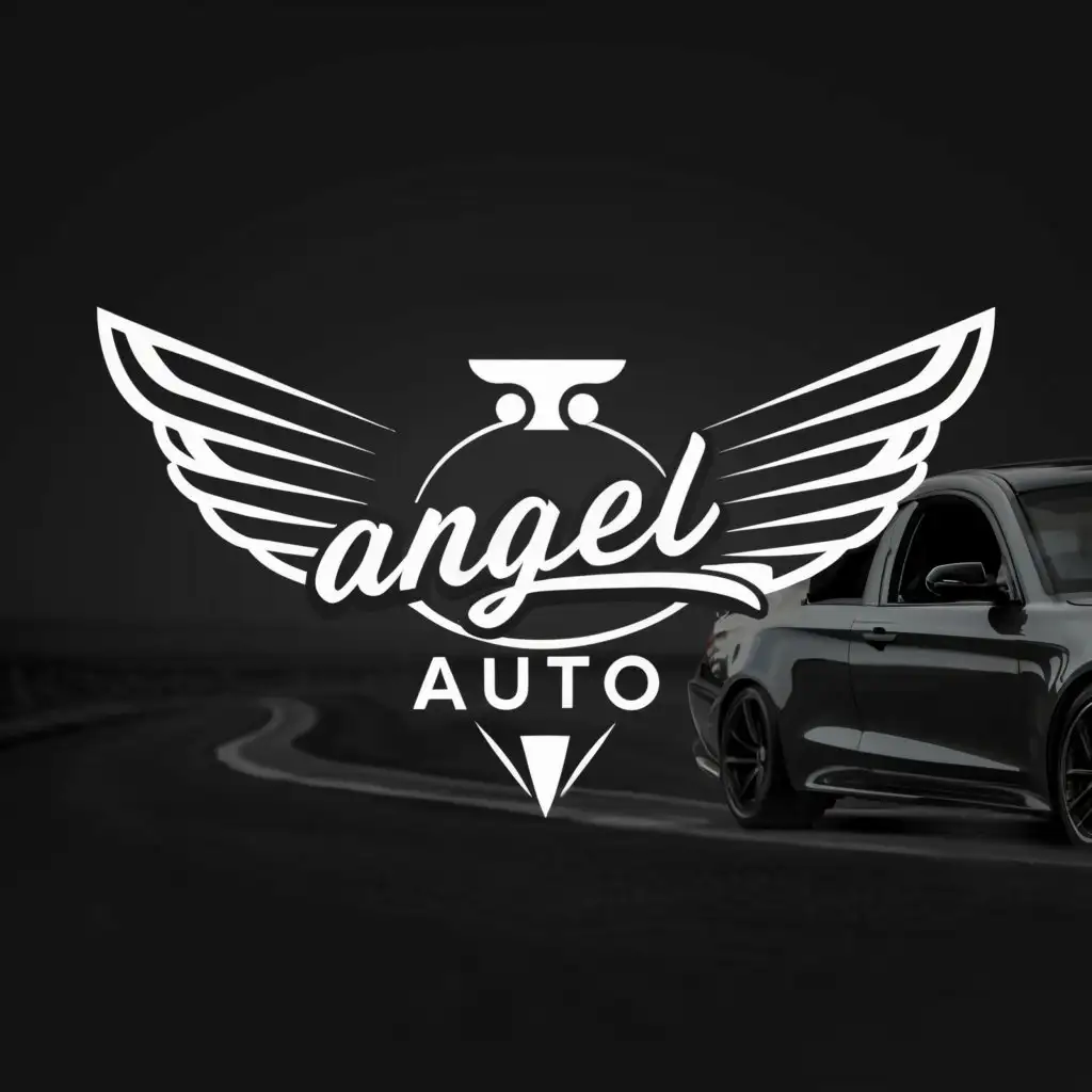 a logo design,with the text "Angel Autos", main symbol:Angel wings on both side of the name, with mechanic symbol below it,Moderate,be used in Automotive industry,clear background