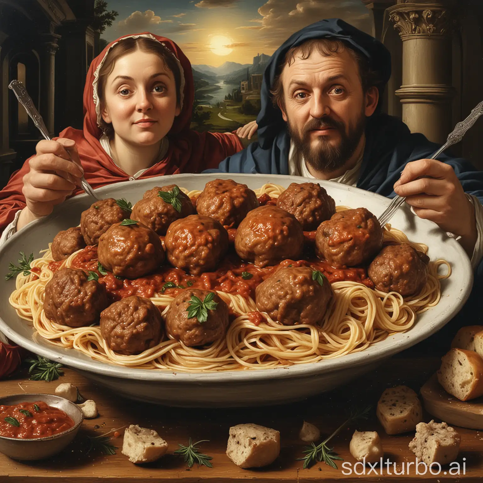 Renaissance-Style-Painting-Spaghetti-and-Meatballs-Feast