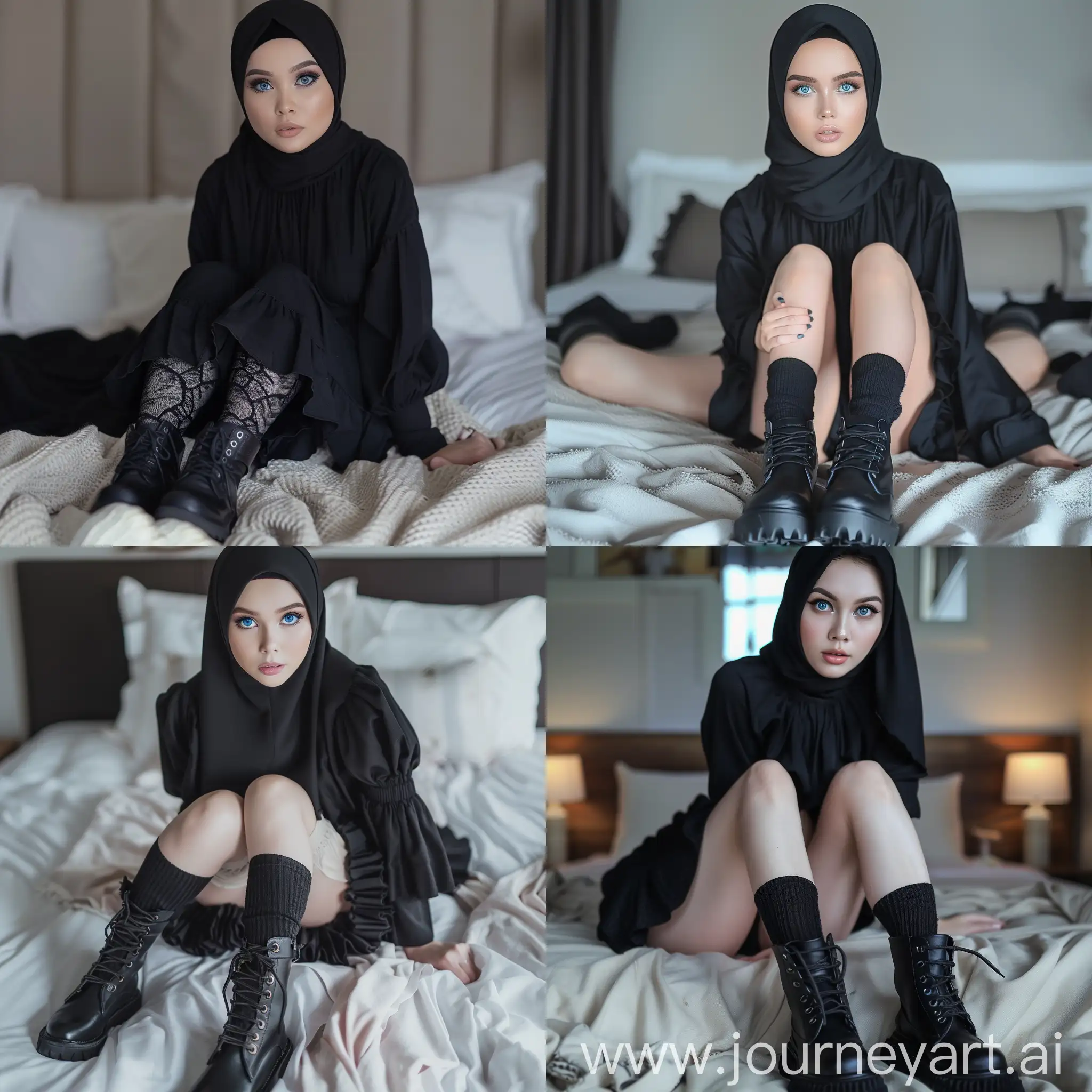 a young indonesian woman, in hijab, 20 years old, influencer, beauty, black dress, makeup, black boots, ,sitting, , thick legs, socks and boots, 4k, lying on the bed, , blue eyes, , fat legs , , , close-up, front view --v 6 --ar 3:4 --no 5575