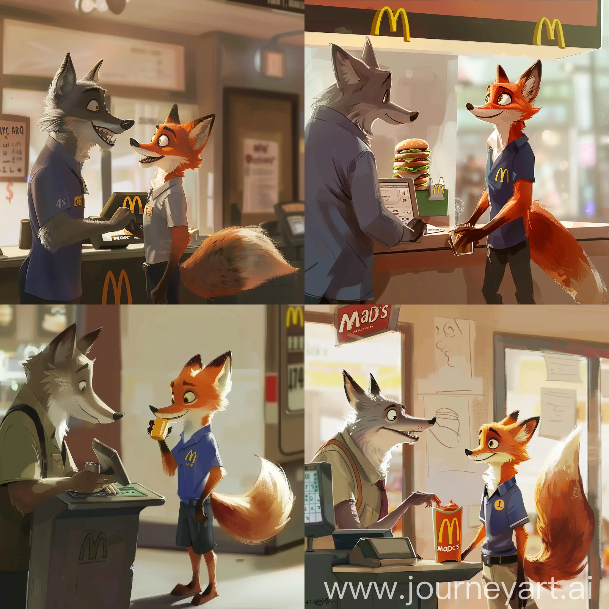 draw a fox ordering a barrel sauce at McDonald's in the Disney animation style with a interesting  look. the fox stands right in front of the cashier and thinks what sauce to order while conducting a dialogue with the wolf cashier.  high resolution, high detalization, 4K