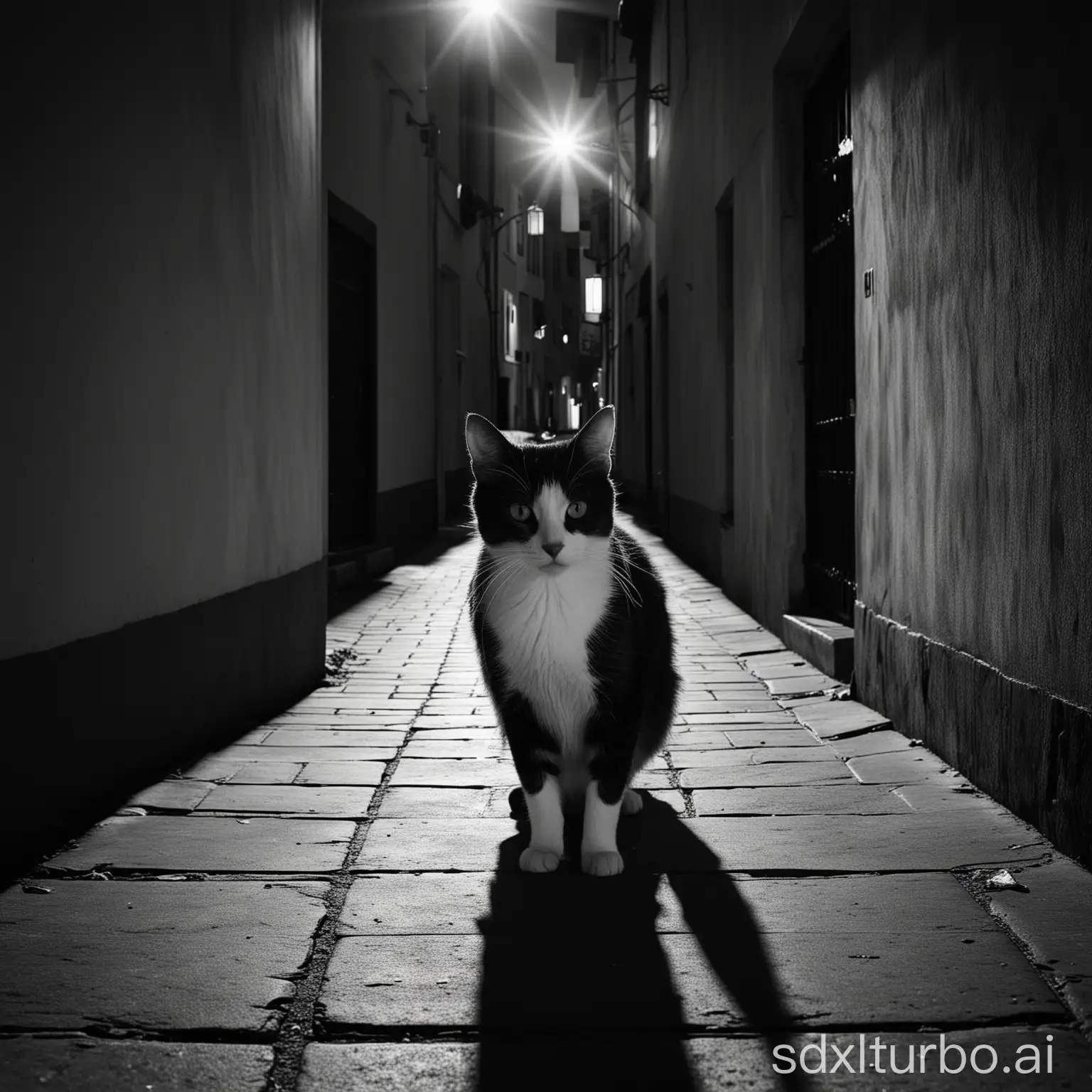 A black and white photograph of Cat, in the style of street photography, with light projections casting bold shadows. The contrast between her dark attire and the stark background creates a striking visual impact. Her pose is dynamic yet confident, embodying strength amid simplicity, buildings, wide angle
