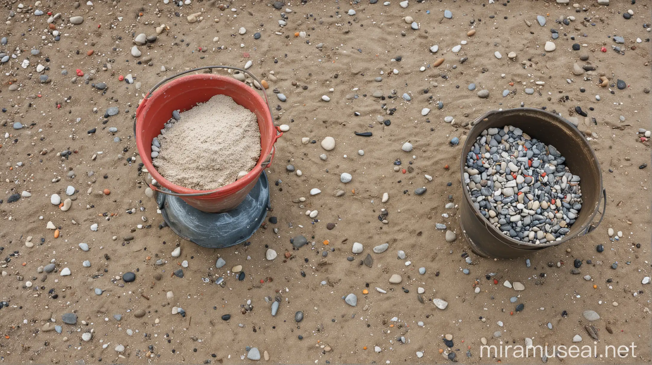 Buckets with Sand and Stones on a Beach