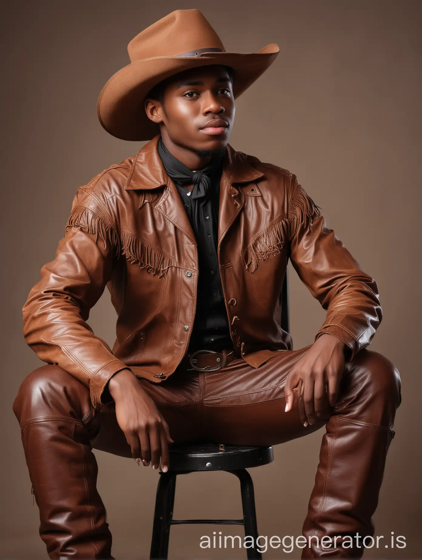 a young black man dressed as a cowboy in brown leather clothes, sitting