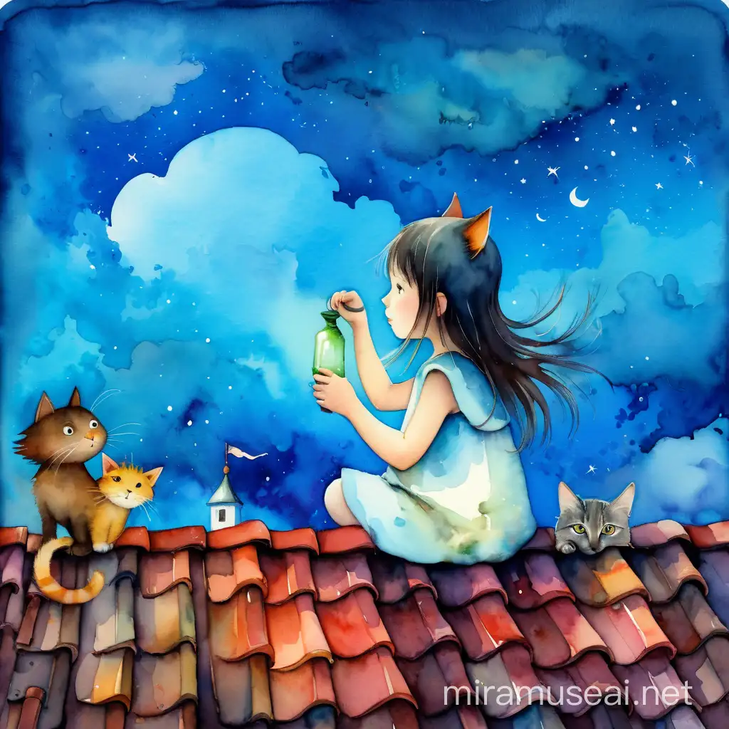 маленькая девочка и кошка сидят на крыше дома, город, небо, облака в виде зверей, watercolour style by Alexander Jansson