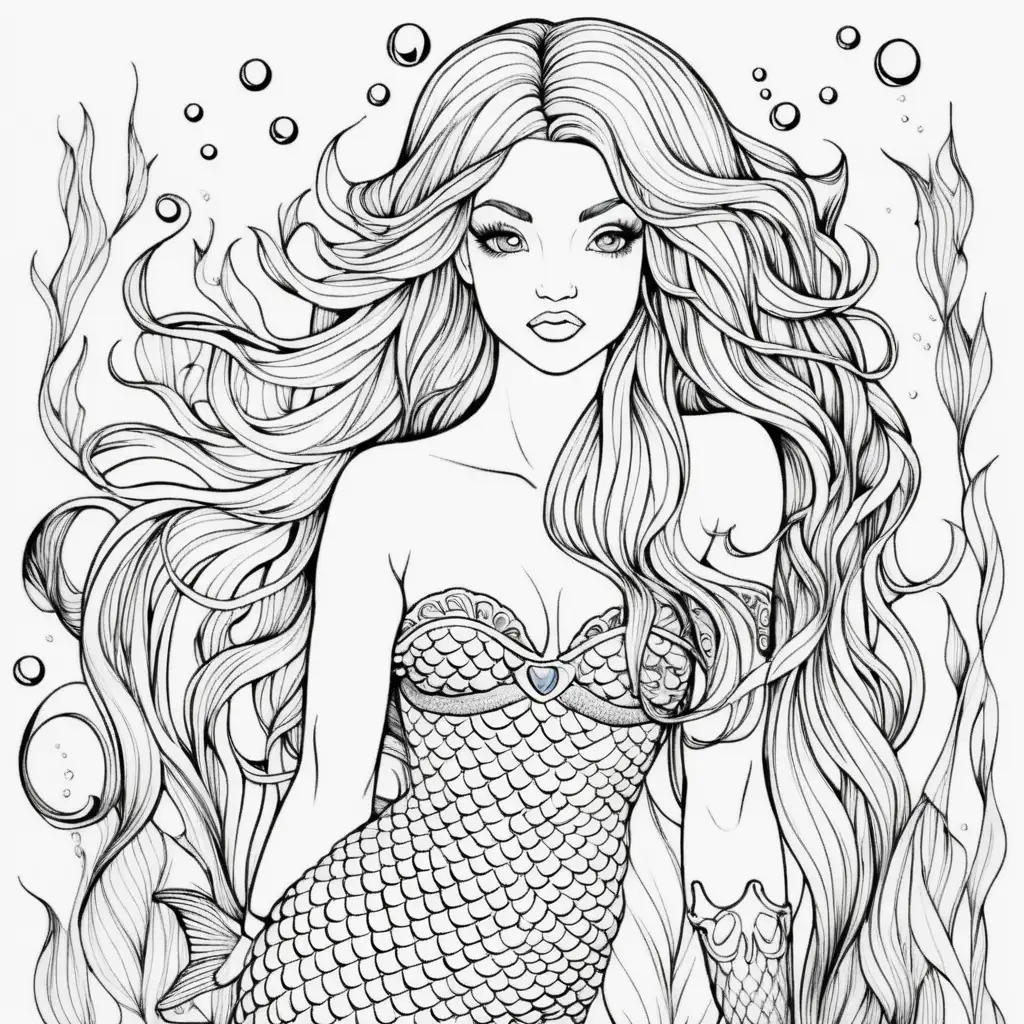 Relaxing Mermaid Coloring Page for Adults on a White Background