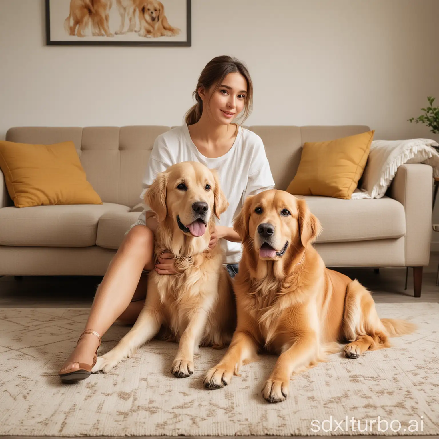一位漂亮的外国成年女生抱着一只金毛犬坐在客厅的地毯上，客厅背景场景简约，人物真实，金毛犬真实，画质清晰
