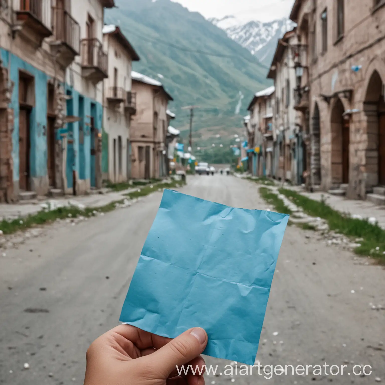 Синий листочек бумаги в руке с на фоне улицы в Ингушетии