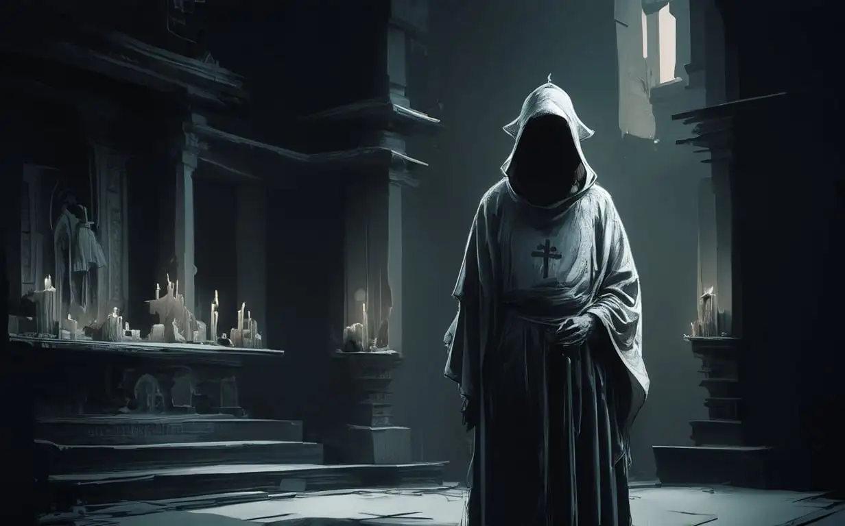 Minimalistic sketch in dark fantasy style. Priest in a hood in the temple.

