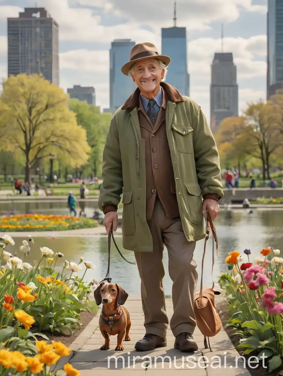 Friendly Senior Man Walking Dachshund Bruno in Vibrant Urban Park