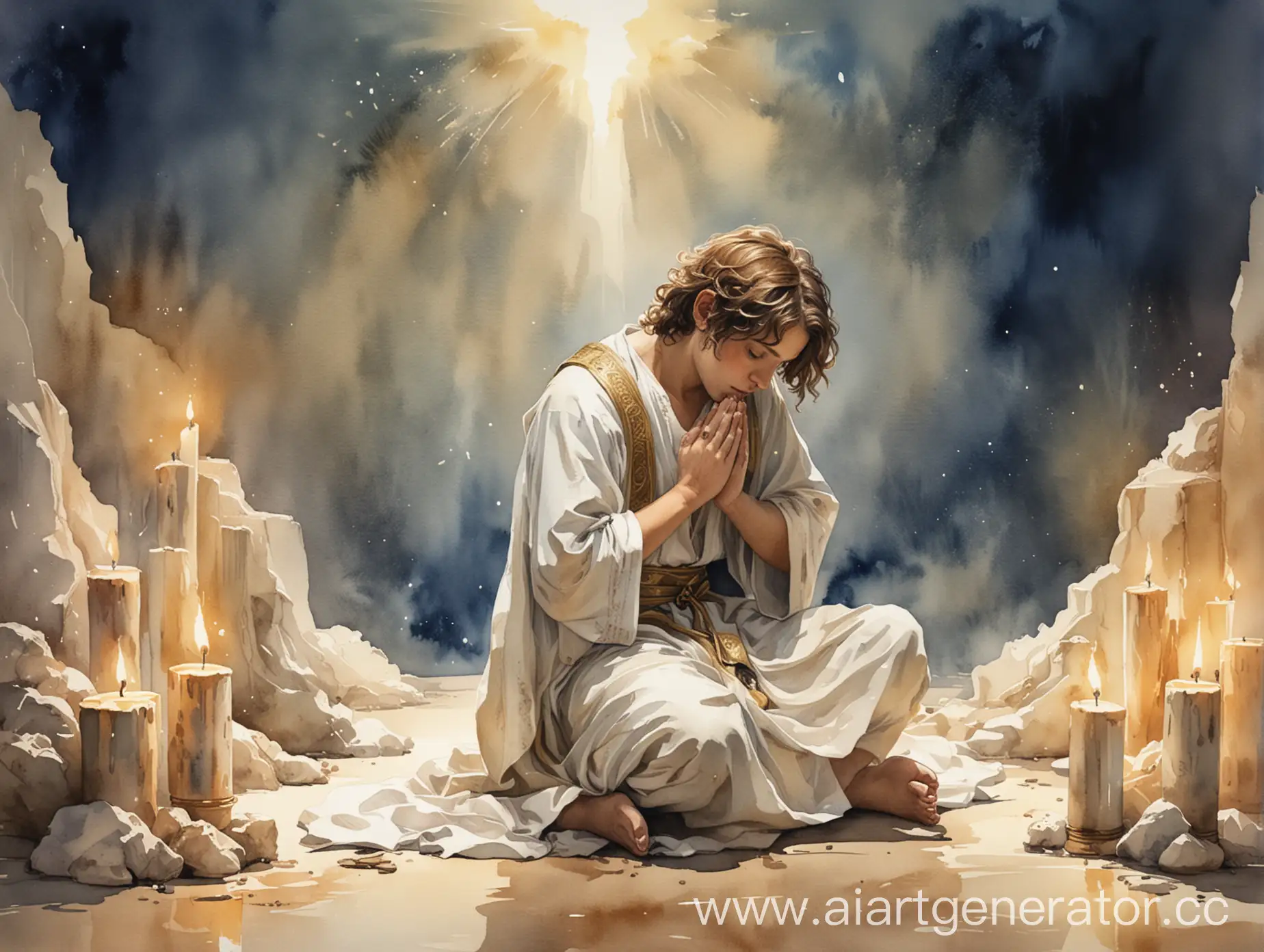 Boy-King-Solomon-Praying-at-Twilight-with-Divine-Light-Watercolor-Drawing