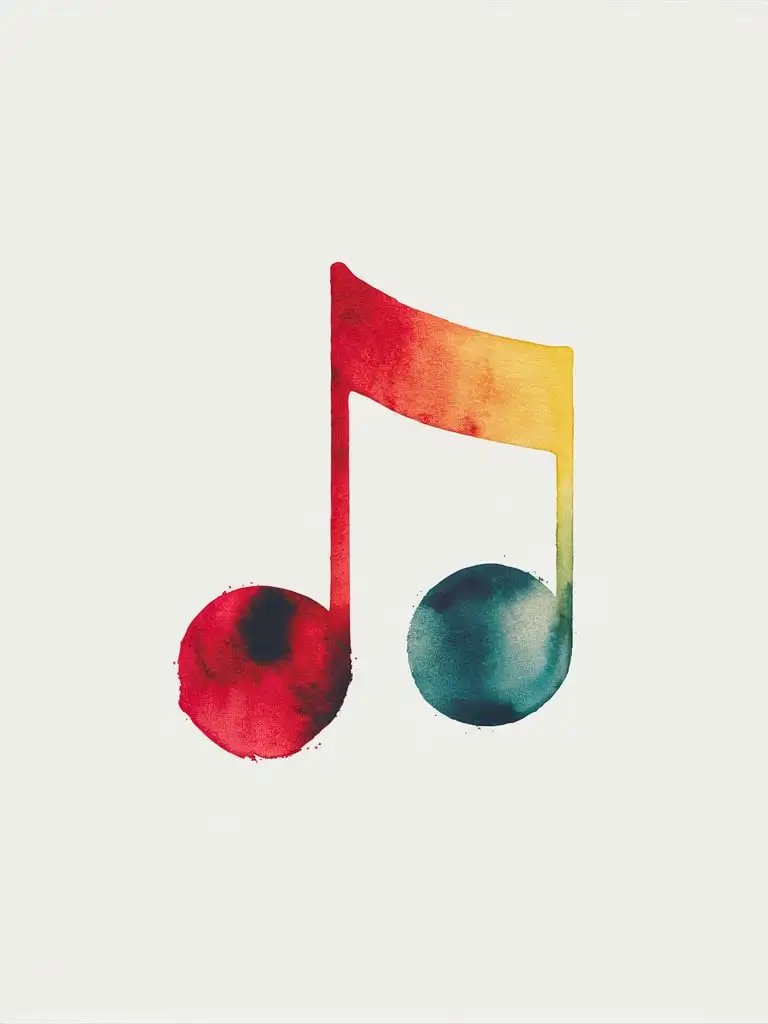 A single, captivating red, blue, yellow and green clean, artistic, symbolic, colorful, expressive, minimalist, watercolor, illustration of a Music note.