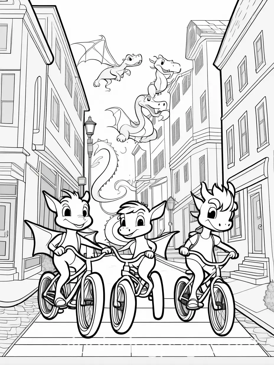 Kids cartoon dragons riding bikes on sidewalk, Coloring Page, black and white, line art, white background, Simplicity, Ample White Space. The background of the coloring page is plain white to make it easy for young children to color within the lines. The outlines of all the subjects are easy to distinguish, making it simple for kids to color without too much difficulty