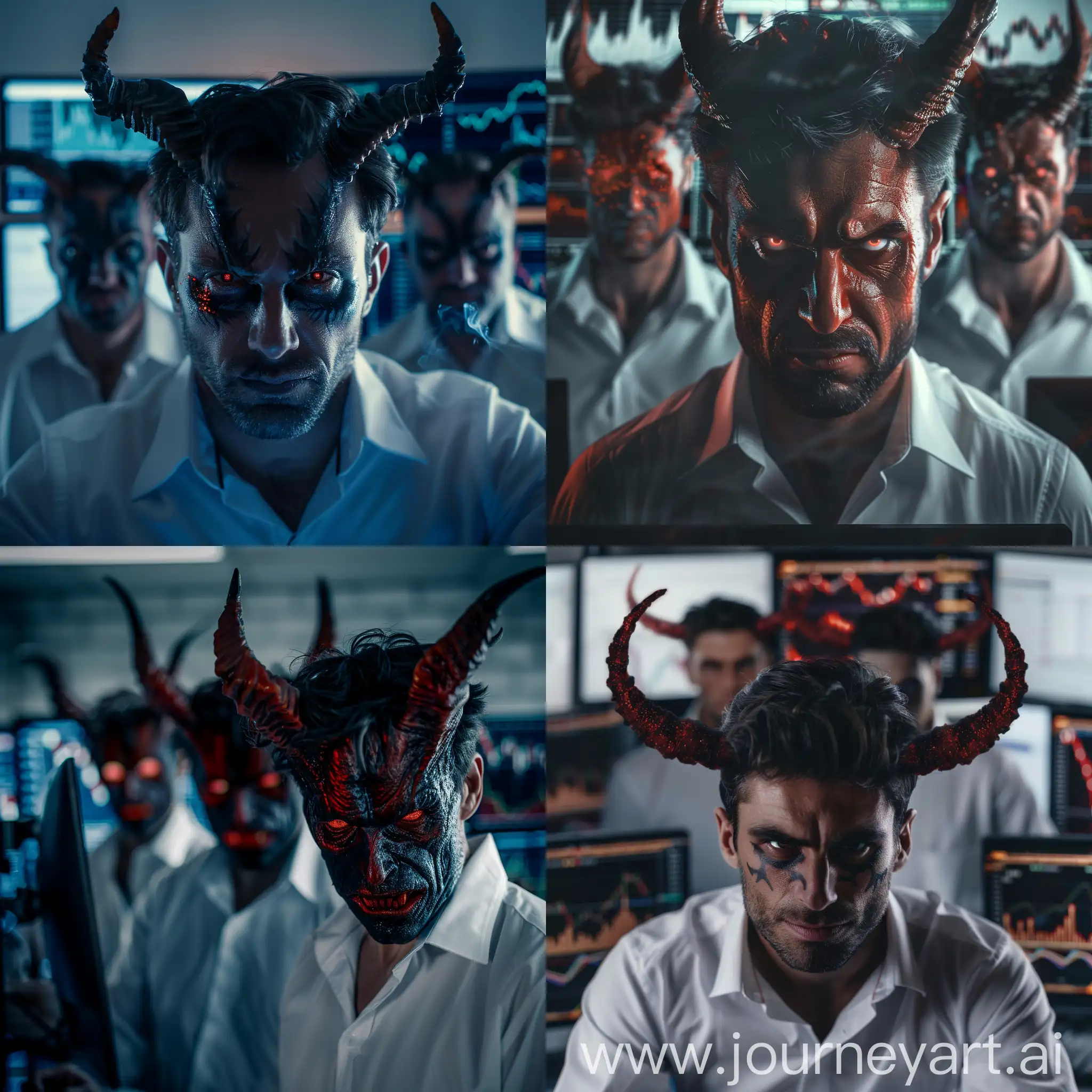 Trading, devil traders, wall street, stocks and markets, beautiful demons, several demons, demons with horns, trading stocks on the wall street, in business white shirts, beautiful, rich traders, monitors with graphs, c looking straight at me, close-up, 4k