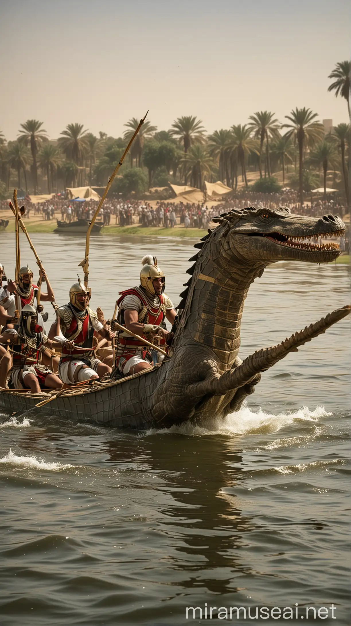 "A dynamic image of Egyptian jousting on the Nile, with players rowing towards each other and clashing oars, and a crocodile lurking in the water below." hyper realistic