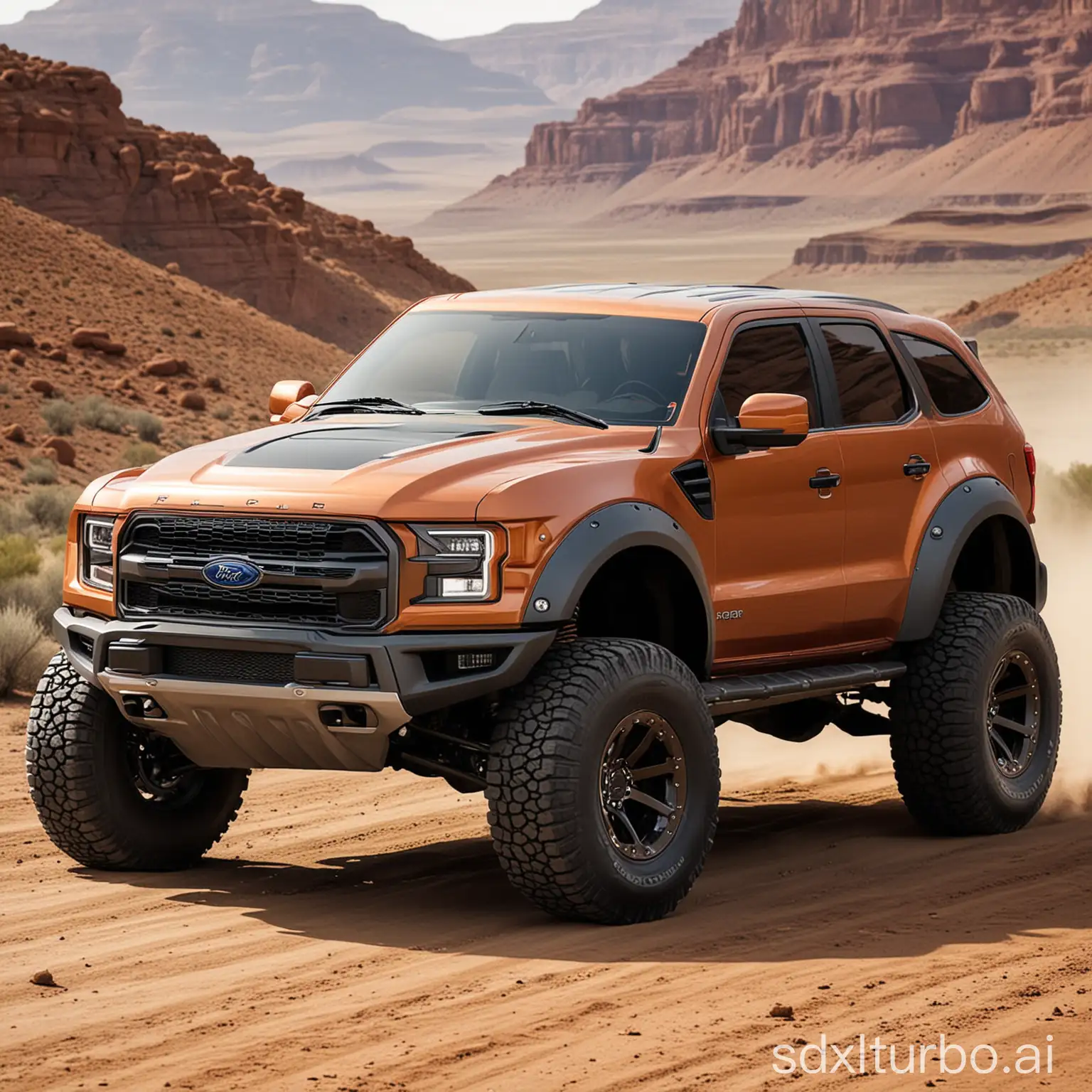 I want a car with the Ford brand. Its upper body is a sports car, and its lower body is a rugged off-road vehicle. Please give me a realistic style picture.