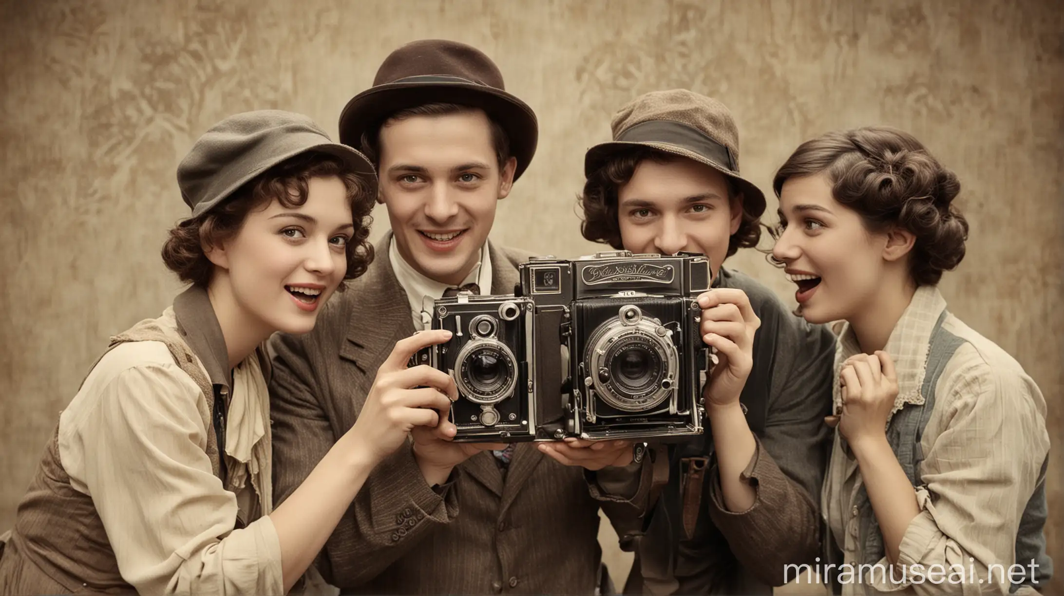 3 people taking photos, 20s, vintage camera, 20th century