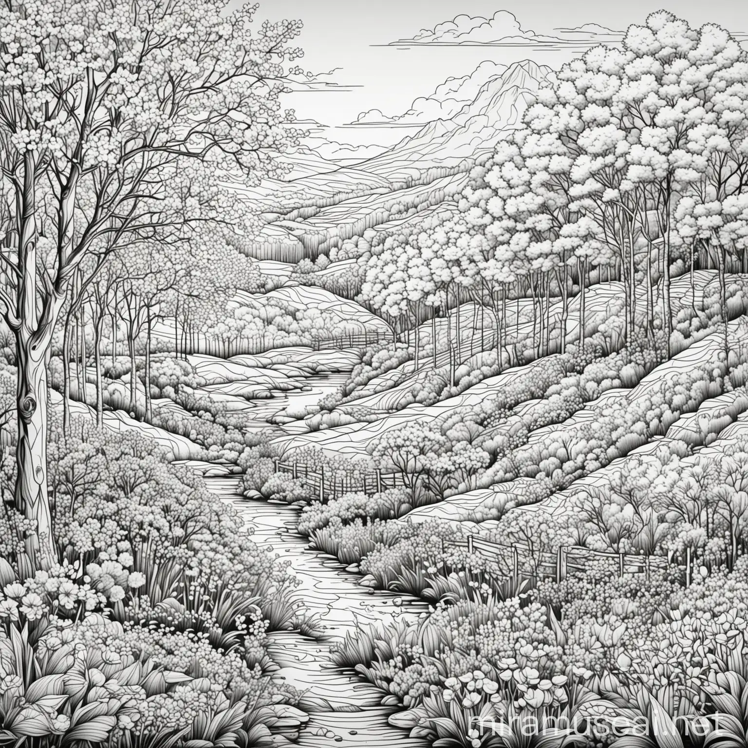 Serene Spring Landscape Coloring Page Black and White Art with Bold Lines