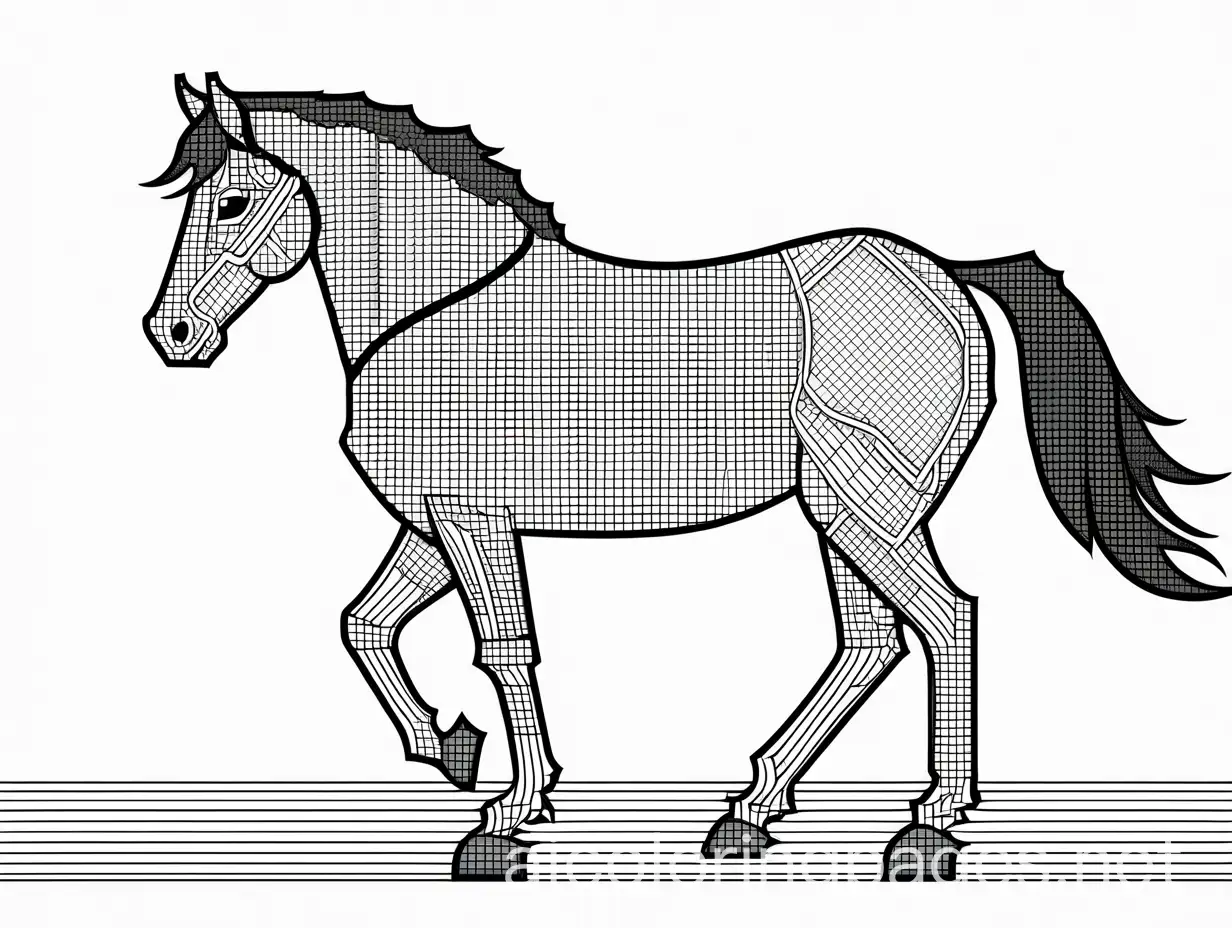 pixelated horse, Coloring Page, black and white, line art, white background, Simplicity, Ample White Space. The background of the coloring page is plain white to make it easy for young children to color within the lines. The outlines of all the subjects are easy to distinguish, making it simple for kids to color without too much difficulty