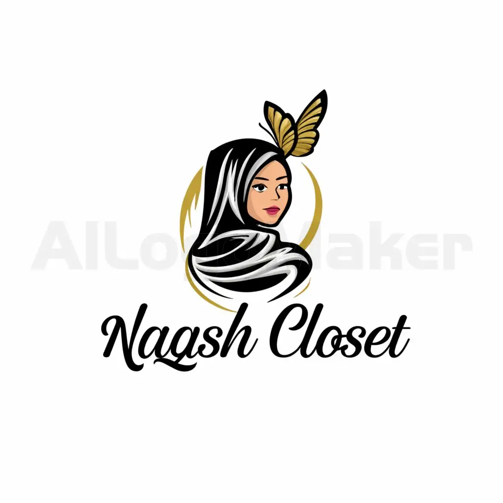 a logo design,with the text "Naqsh closet", main symbol:niqab girl, butterfly,complex,clear background