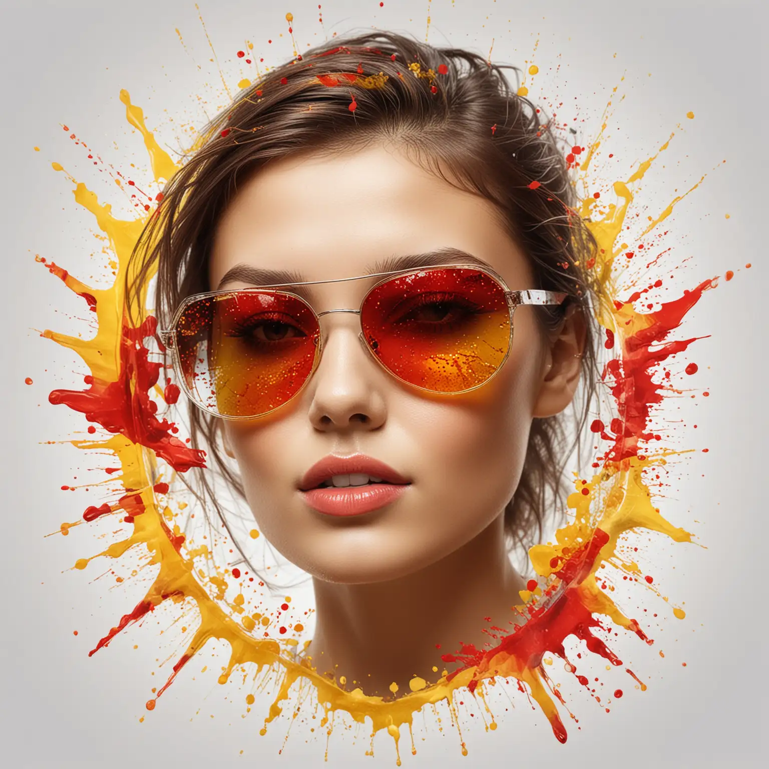 generate realistic professional design featuring an image of a beautiful woman wearing sunglasses splitted in glass pieces. add red and yellow ink splash and lines over the design and texture. use white blank background.