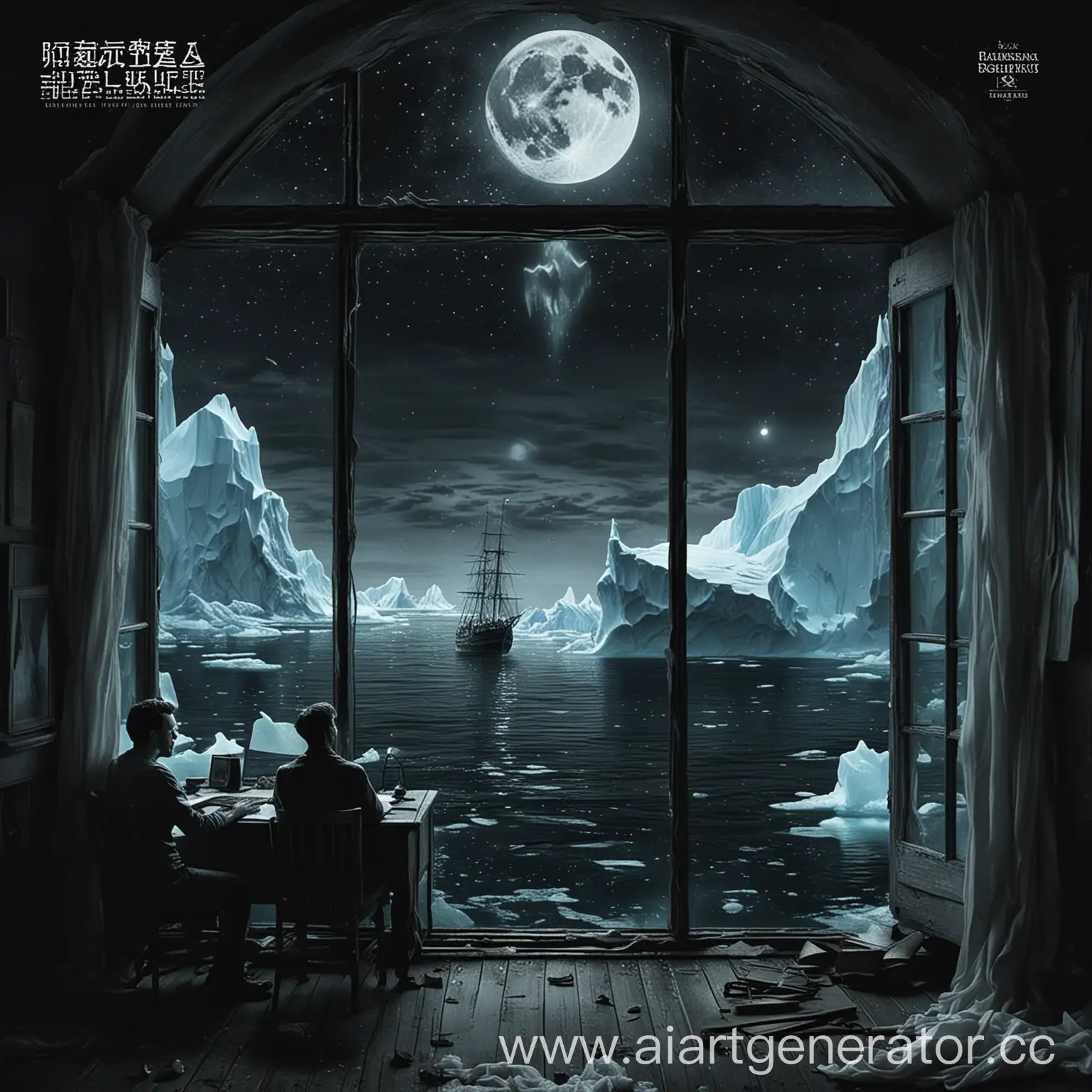 Man-in-Dark-Room-with-Ghosts-and-Sailing-Ship-towards-Iceberg