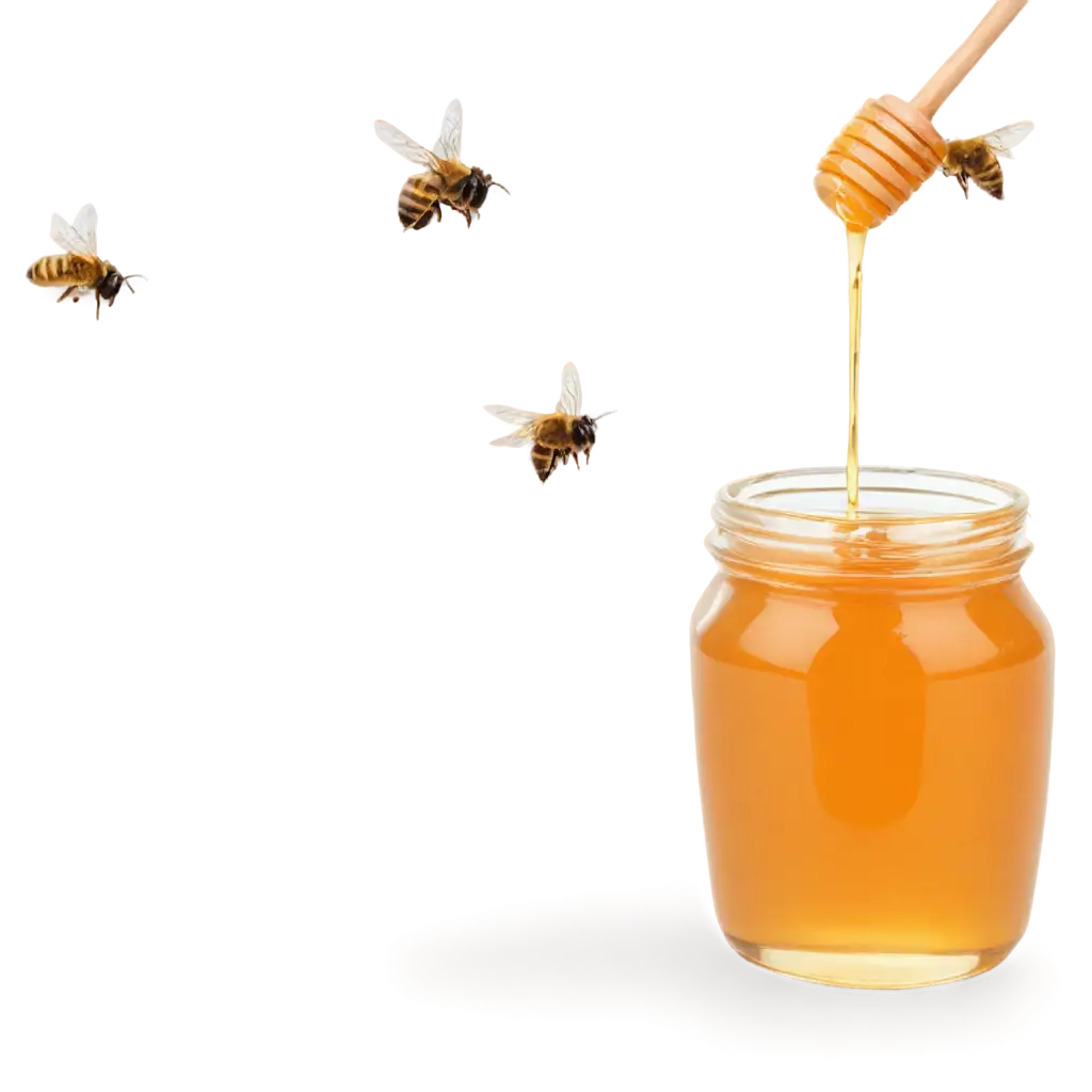 honey in jar and flying bee

