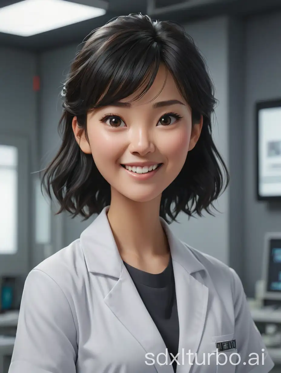 Pixelated portrait photography, 1 cute Chinese female doctor, looks like Chinese celebrity Huang Sheng Yi, inside dark scrubs, outside white lab coat, with bangs of black hair, face smiling, blush, fine detail, glossy finish, simple surgical room background, 3D render, soft focus, oc,blender,IP,8k, super high detail, CFG 7.5, Refiner 0.8