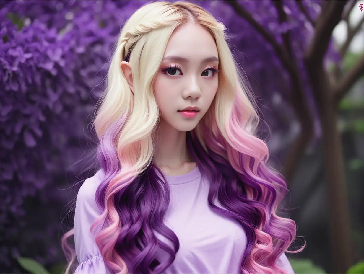 Taiwanese-Elf  women models group hair long melted hairline , babyhairs, highlights, silky long hair, ,curly, blond size 36-24-36 Fairy land back drop Overall purple and pink