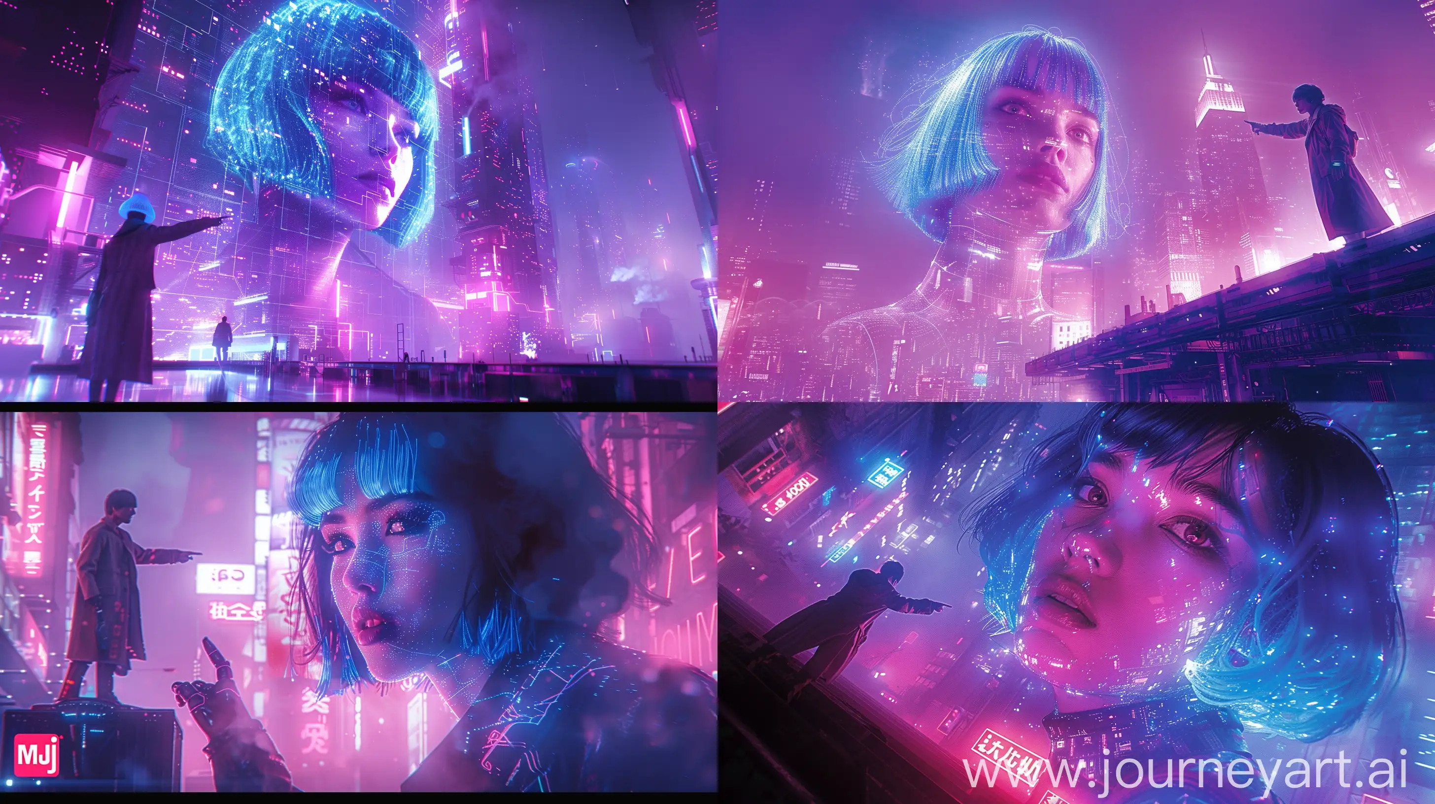 Surreal-Cyberpunk-Cityscape-Giant-Holographic-Woman-Points-at-Man