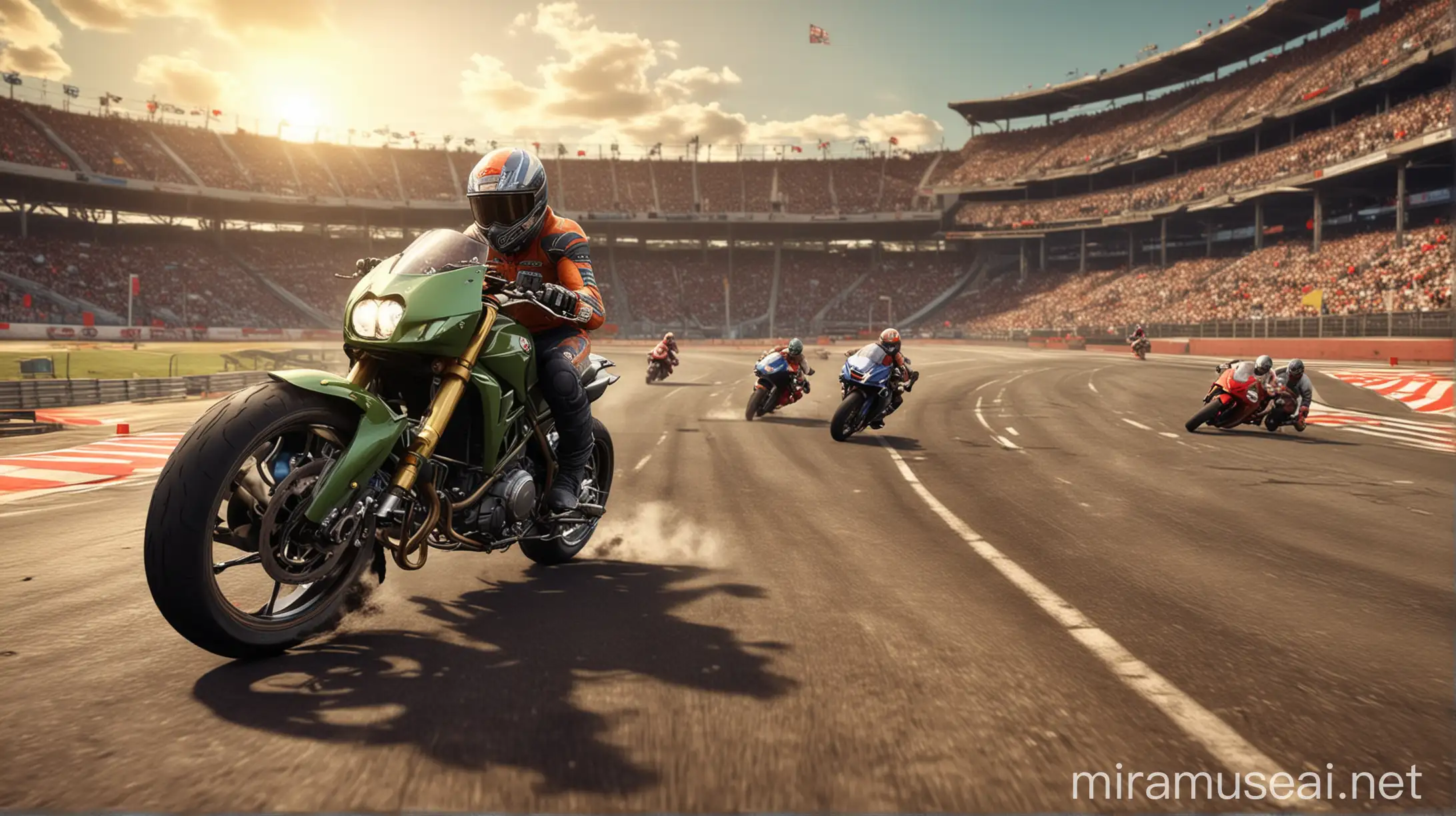 imagine moto racing game 3d images,fast bike racing effects, add racing stadium with tracks and crowd in background, character should be more highlight .make it more attractive like game icon, it is lap racing game