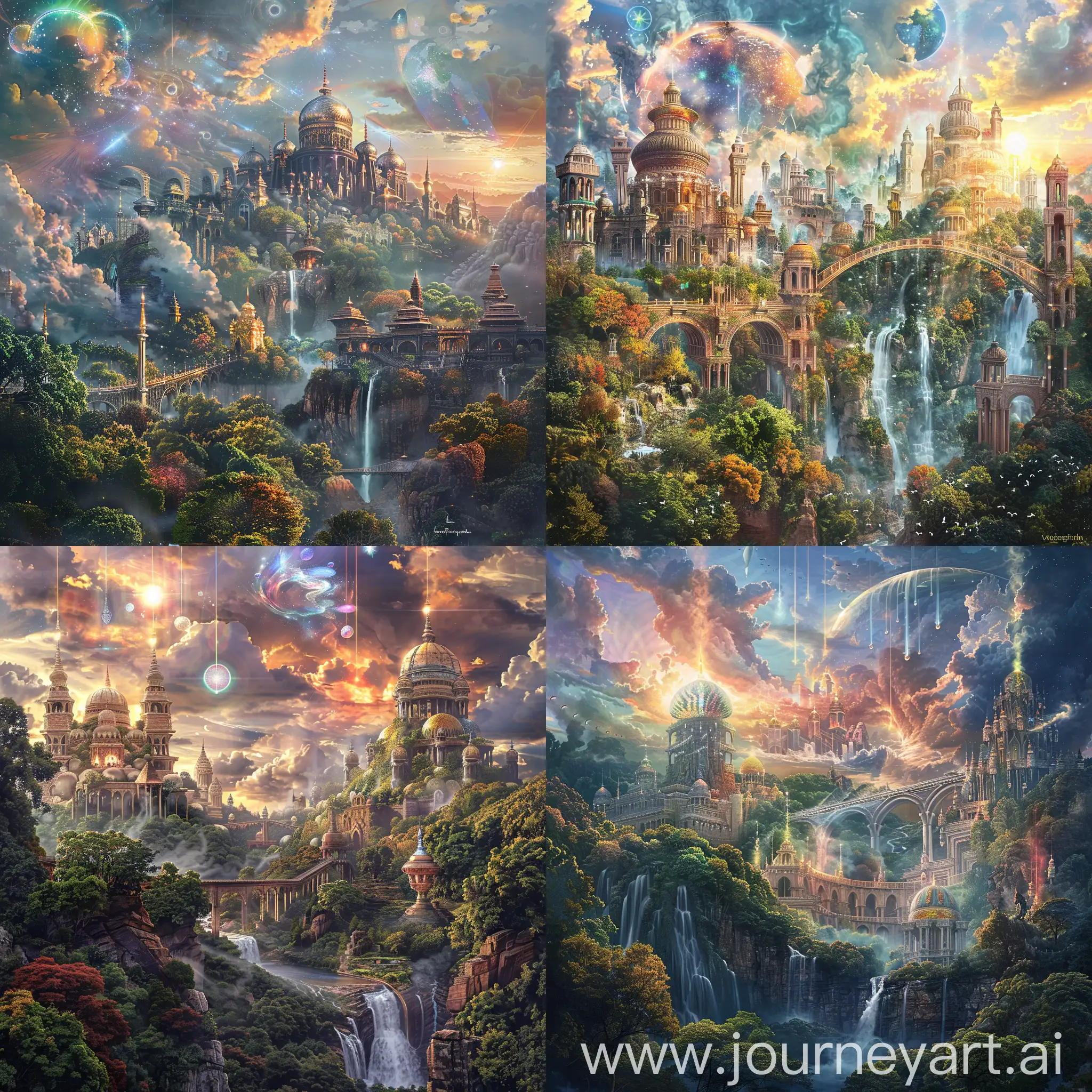 Beautiful lush landscape, large buildings, huge bridges, grand castles, ancient and grand temples beautiful domes and columns, sky with dense clouds, sun, moon, forest with grand, colorful trees, waterfalls, beautiful river with rocks, depth field, global illumination, hyper realistic, stunning, something that even doesn't exist, mythical being, energy, molecular, textures, iridescent and luminescent, breathtaking beauty, pure perfection, divine presence, unforgettable, impressive, breathtaking beauty, Volumetric light, auras, rays, vivid colors reflectslight, auras, rays, vivid colors reflects, Watercolor, trending on artstation, sharp focus, studio photo, intricate details, highly detailed,