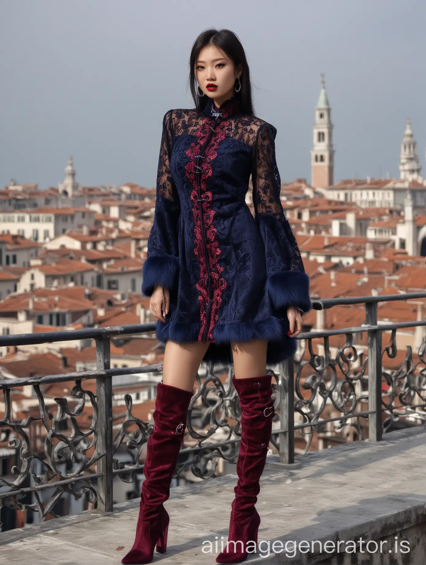 sexy brunette Chinese model with a square haircut and dark pink lips, in high heels suede thigh-high-boots, wearing dark burgundy embroidered lace, a dark royal blue mink-fur coat with a lot rings, bracelets and collars, on a catwalk on a rooftop in Venezia