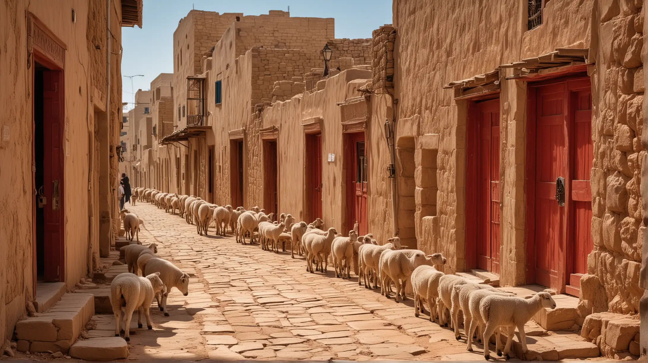 a main street of a Middle Eastern village, where the lintel of the door and it's side posts, are all red,  a few lambs in the street, and people busy with passover preparations,  during the era of the Biblical Moses.