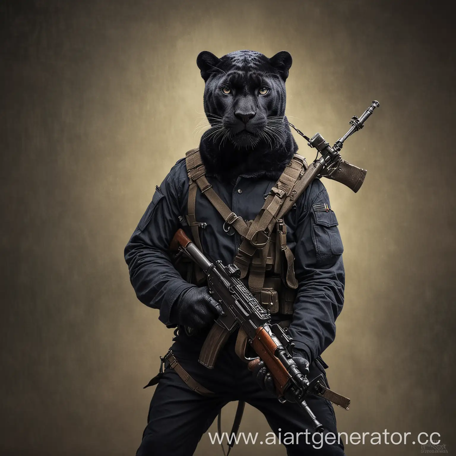Пантера стоит в военной форме россии с оружием в руках