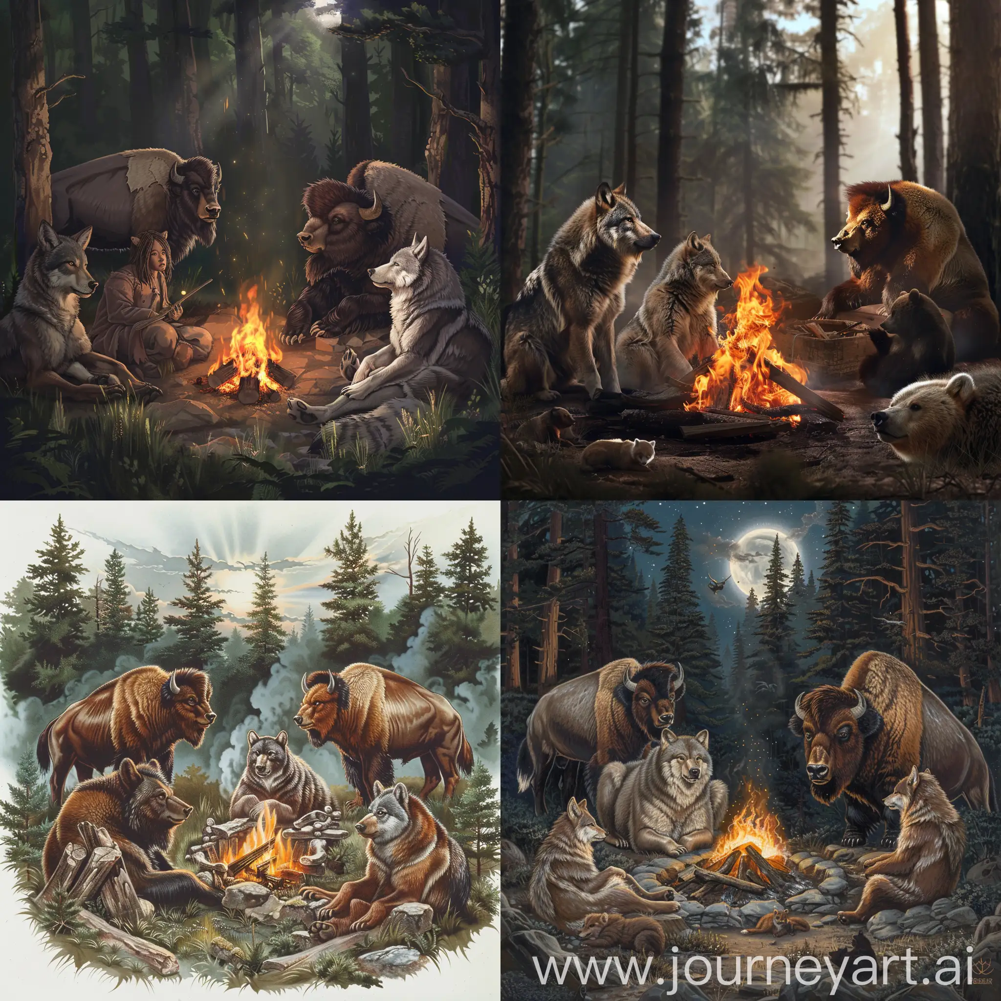 wolf, bison, bear seating, fire camp, forest, camp