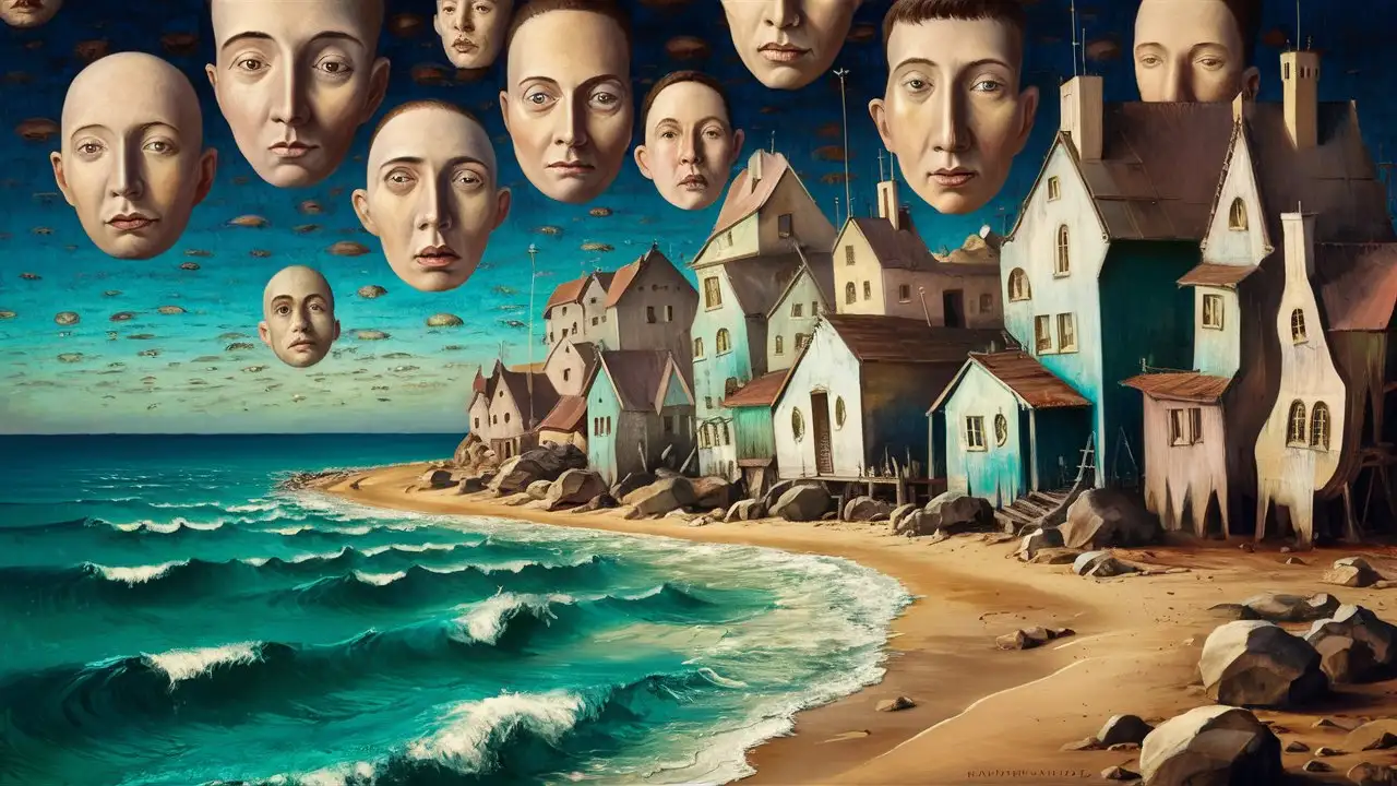 Surrealism painting of a seaside village in the style of Conroy Maddox.