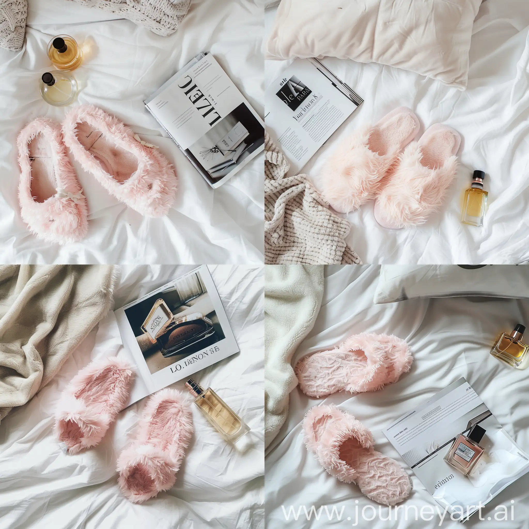 Cozy-Pink-Fluffy-Slippers-on-White-Sheet-with-Magazine-and-Perfume