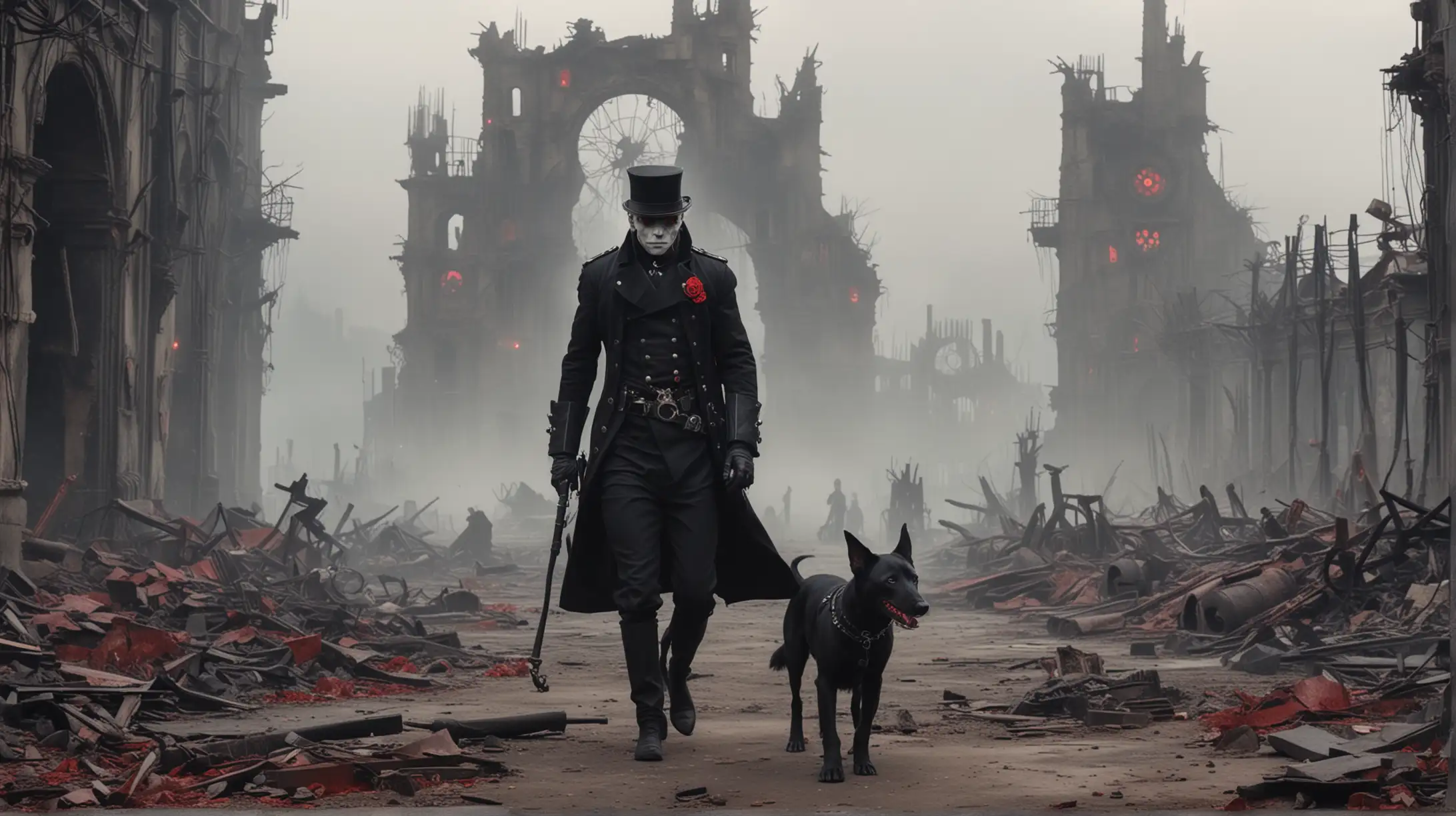 a pale man in a black uniform with his black dog with red eyes goes through the ruins of a steampunk city, fog, cloudy