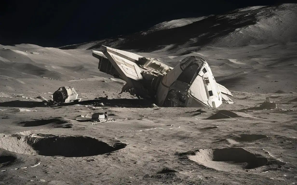 Alien spacecraft wreckage on the moon's surface --ar 16:9 --s 750 --sref 798 --v 6