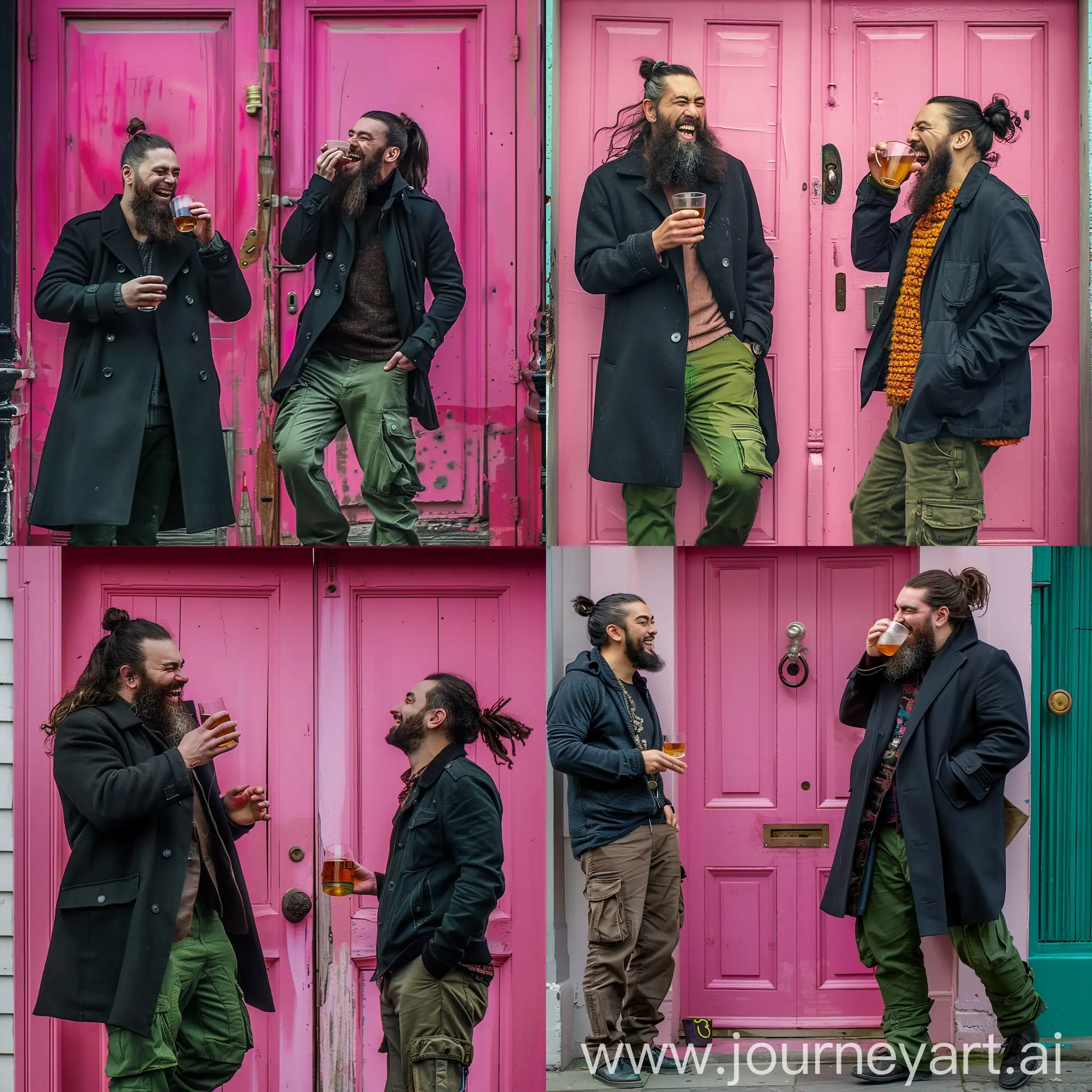 A man in a dark coat and green cargo pants with a long beard and ponytail is drinking tea in front of a pink door and a man is laughing next to him.