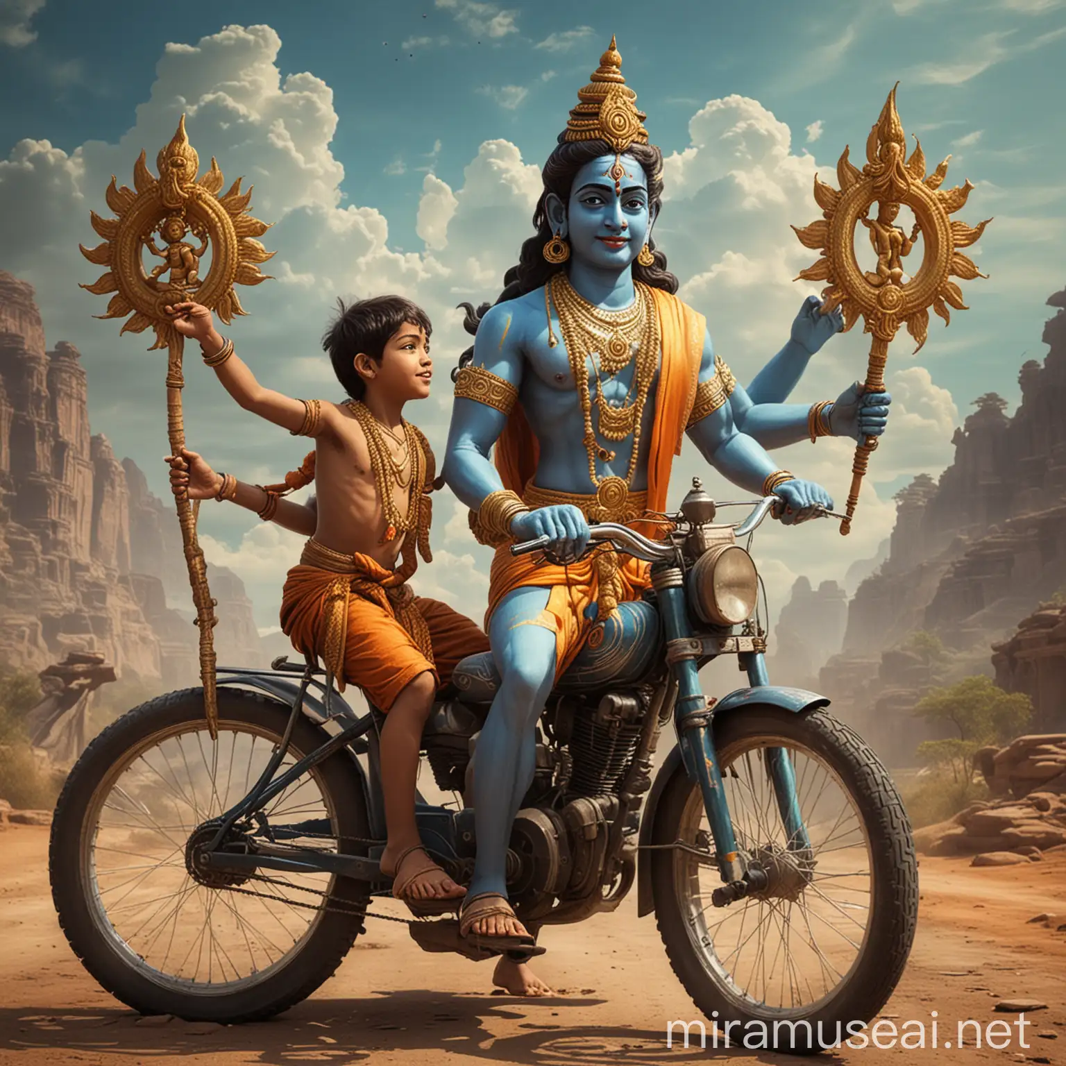 A boy take a bike ride with a god Vishnu or shiva