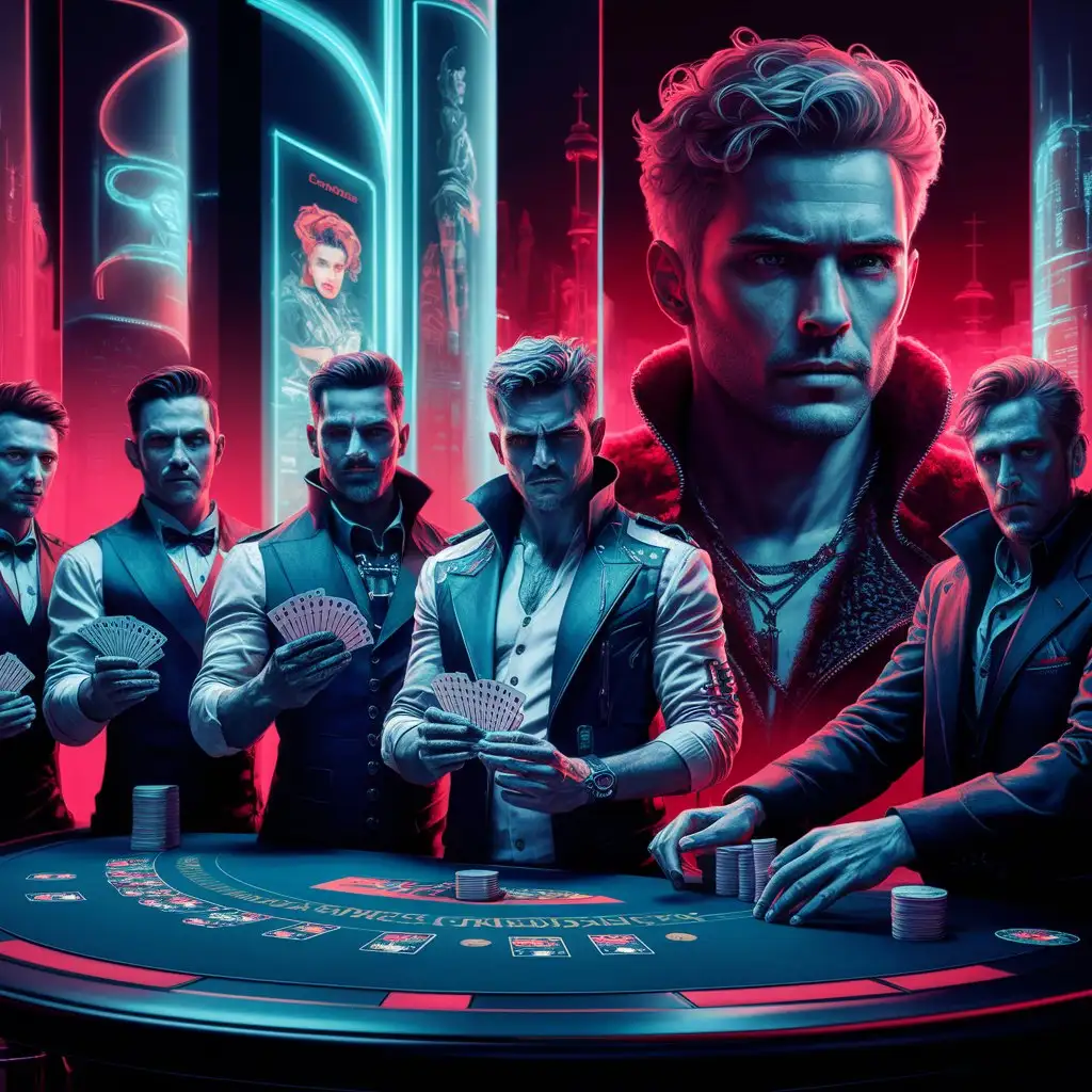 several men holding a deck of cards in front of a casino table, digital art, by Adam Marczyński, shutterstock, digital art, portrait of a cyberpunk man, very attractive man with beard, red and cyan theme, game promotional poster, cinematic outfit photo, portrait of ernest khalimov, 2022 photo, fantasy art behanc