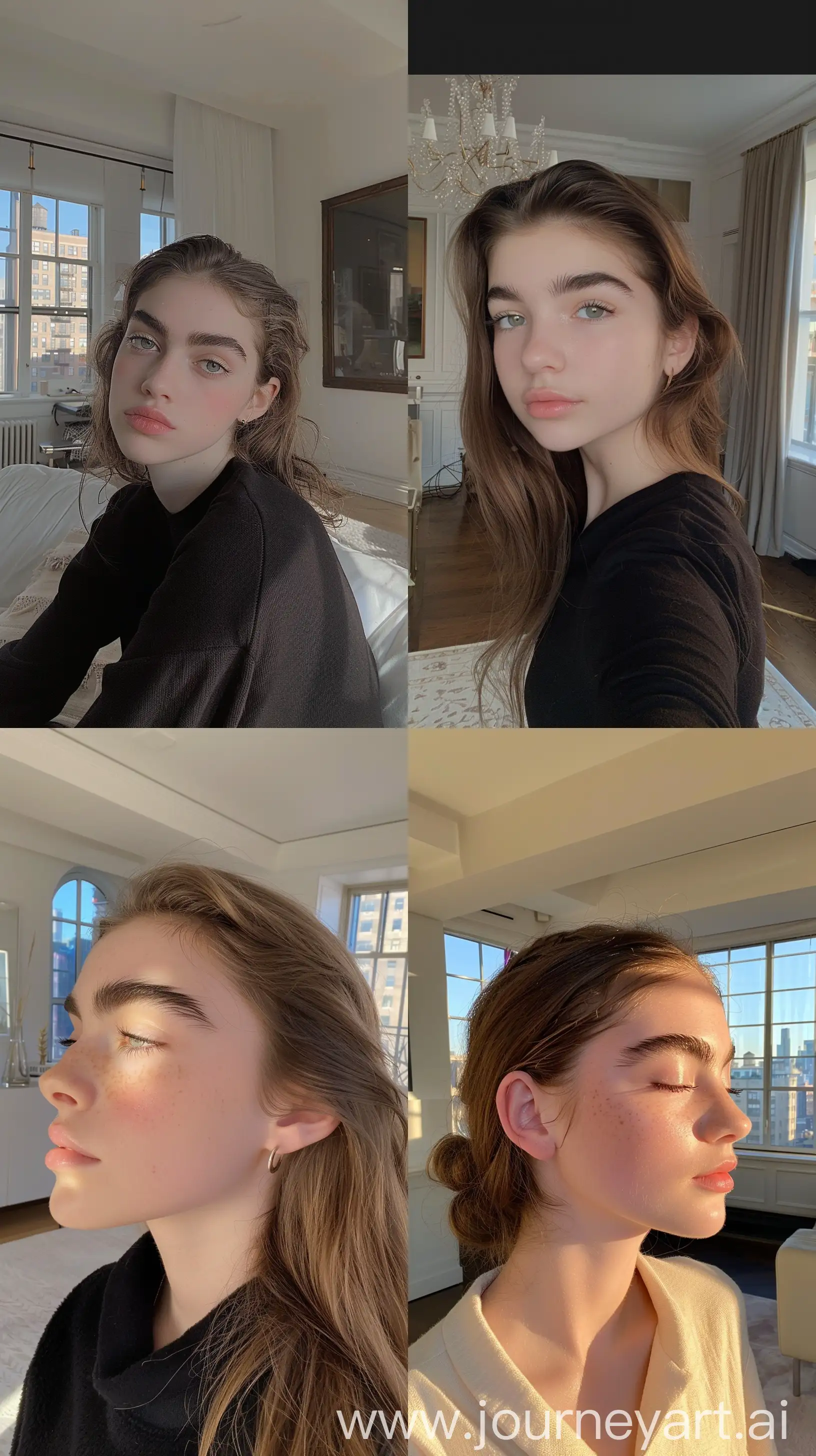 Aesthetic Instagram selfie of Haley Kalil's little sister, 15 years old, pretty, super model face, in fancy New York apartment, bushy thick eyebrows, wide set, profile throw face away in room --ar 9:16