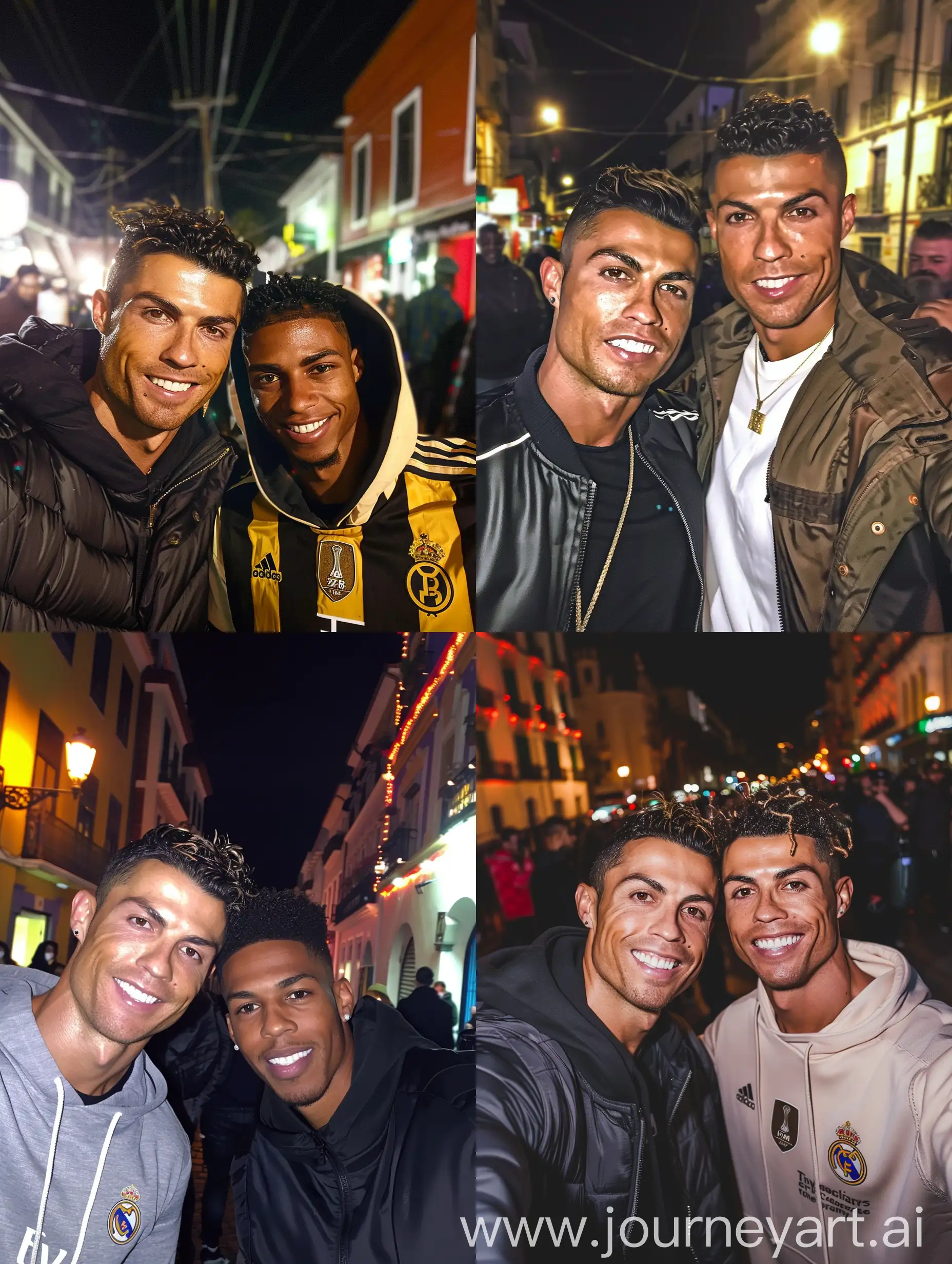 photo taken by a smartphone selfie front camera of cristiano ronaldo and the rapper tyler,the creator together. night, streets