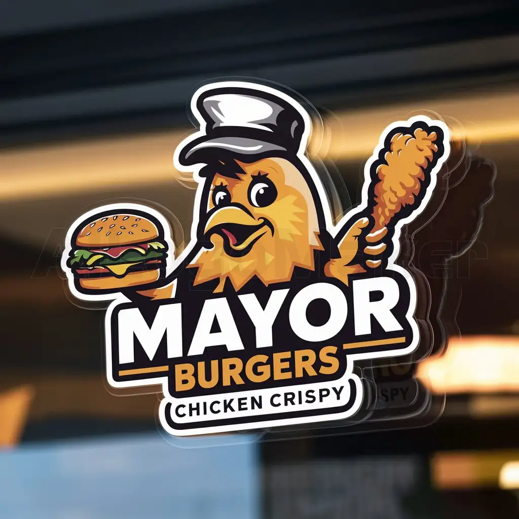 a logo design,with the text "MAYOR Burgers Chicken Crispy", main symbol:logo design for mayor burgers chicken crispy delicious fast food symbolism,Moderate,be used in Restaurant industry,clear background
