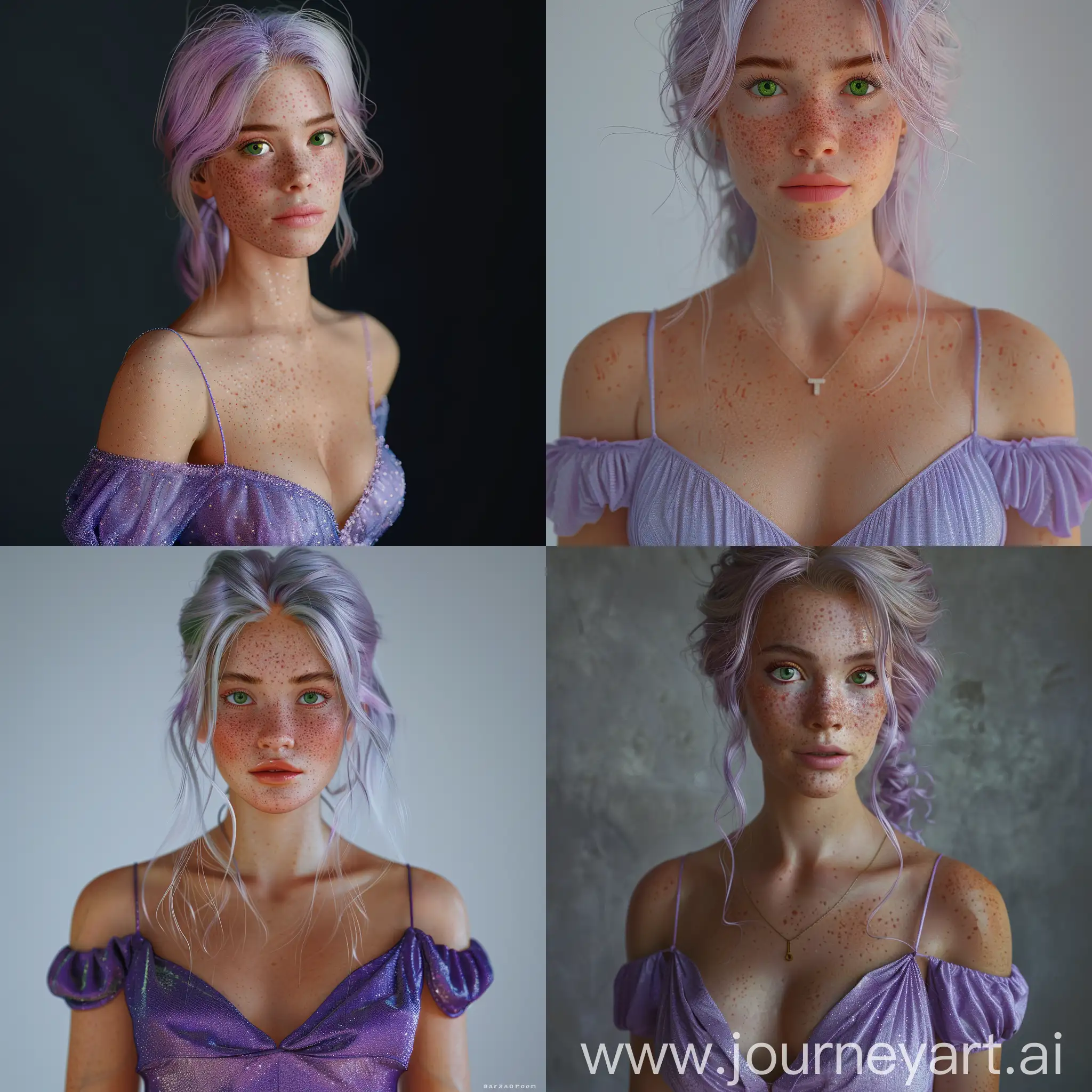 Full-length portrait of a beautiful woman with freckles, ultra realistic, lilac hair, green eyes, in purple dress in 8k 3d