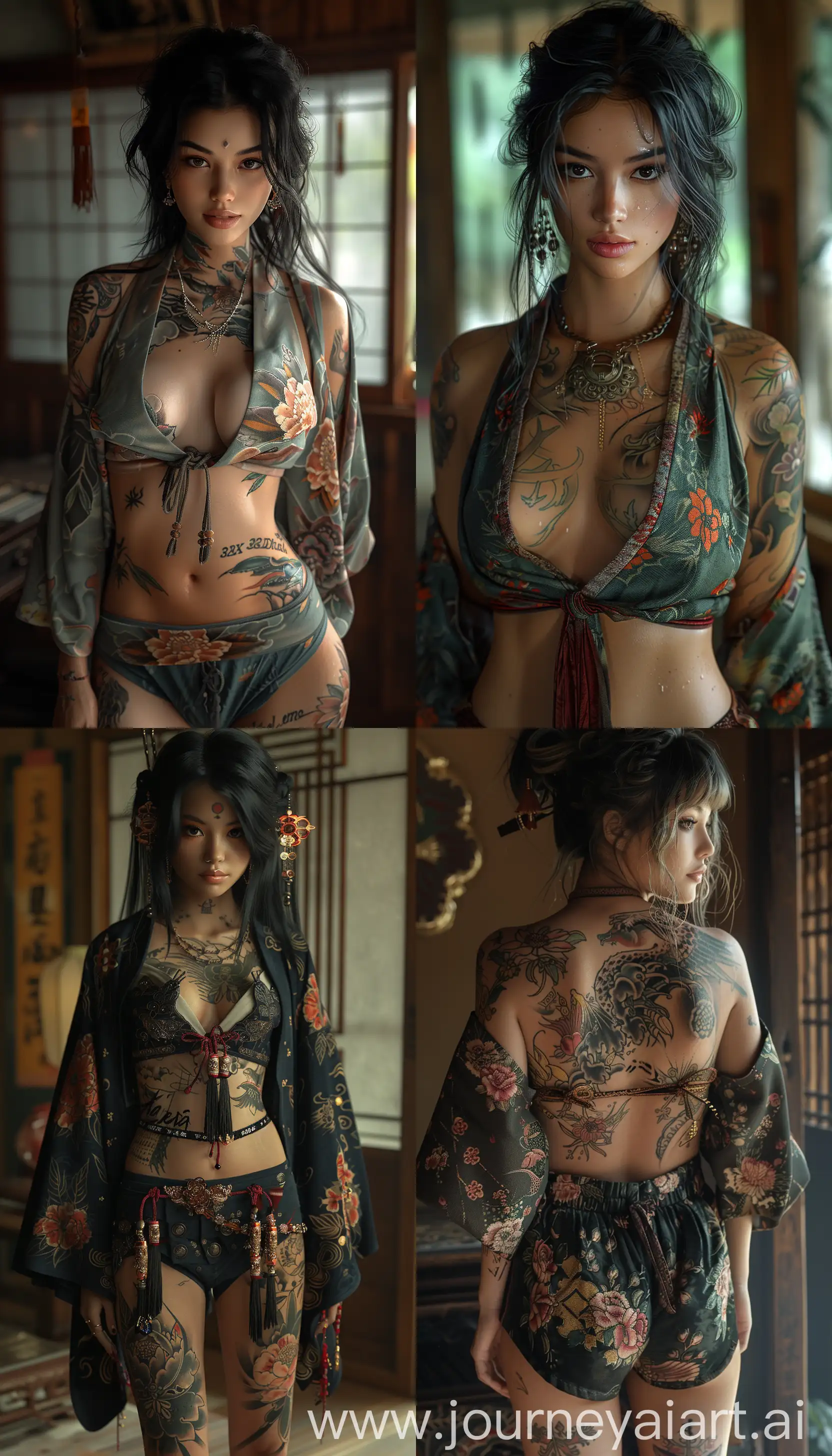 beautiful women are wearing shorts and tattoos, in the style of dark black and light amber, alayna lemmer, , 32k uhd, dark black and gray, elaborate kimono, intense shading --ar 73:128 --stylize 500