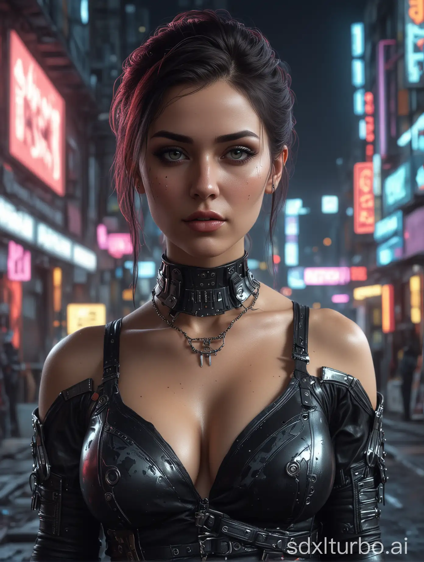 Raw Photo Gothic forever, mysterious painting of beautiful woman in the cyberpunk era, gorgeous busty body, alluring, perfect face, cyberpunk gothic dress, on neon street, 8k, UHD, masterpiece, hight resolution, delicate detail, realistic, highly detailed, perfect composition, beautiful, detailed, insanely detailed, octane render, trending on artstation, 8k artistic photography, photorealistic concept art, soft, natural, volumetric, cinematic, natural light