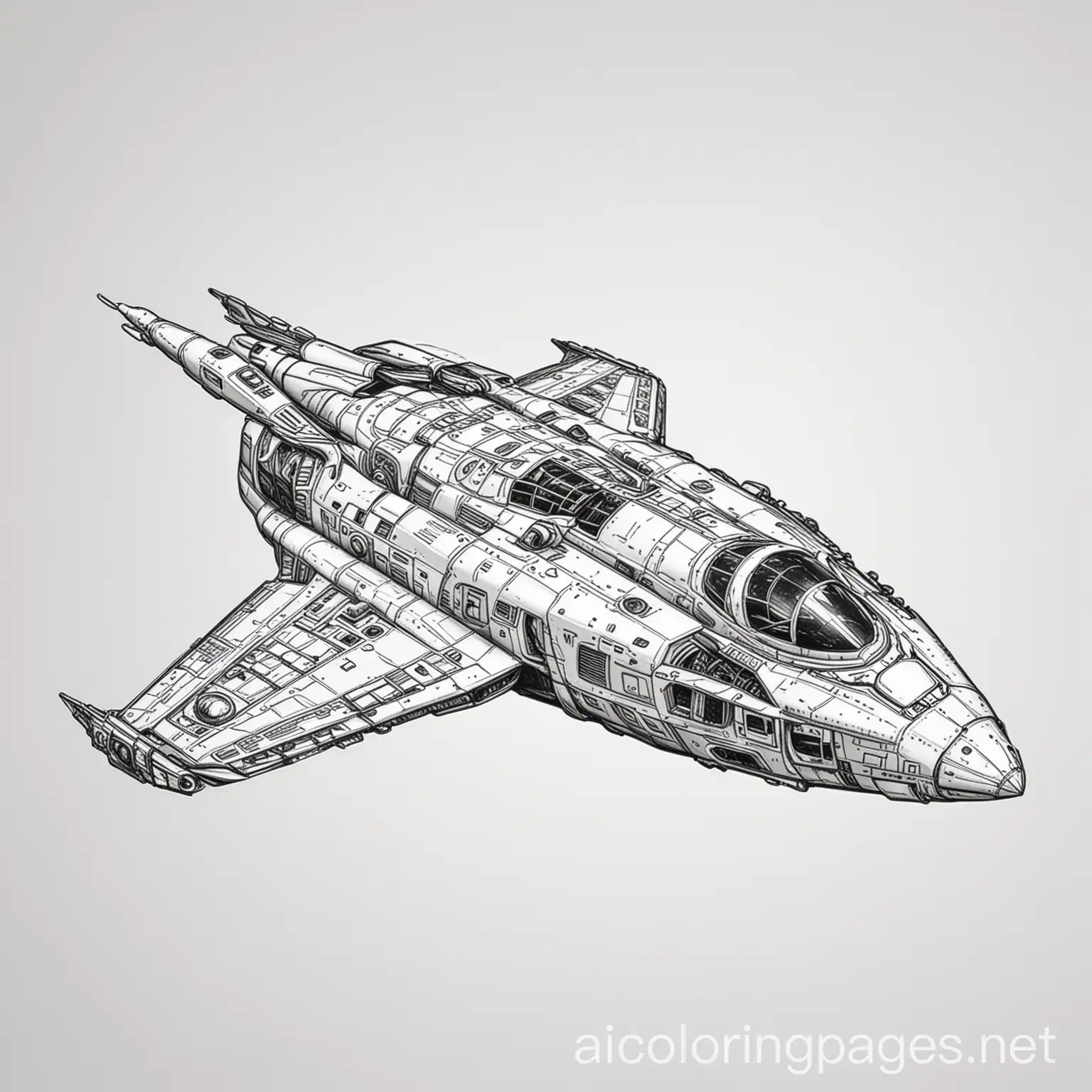 spaceship, Coloring Page, black and white, line art, white background, Simplicity, Ample White Space. The background of the coloring page is plain white to make it easy for young children to color within the lines. The outlines of all the subjects are easy to distinguish, making it simple for kids to color without too much difficulty