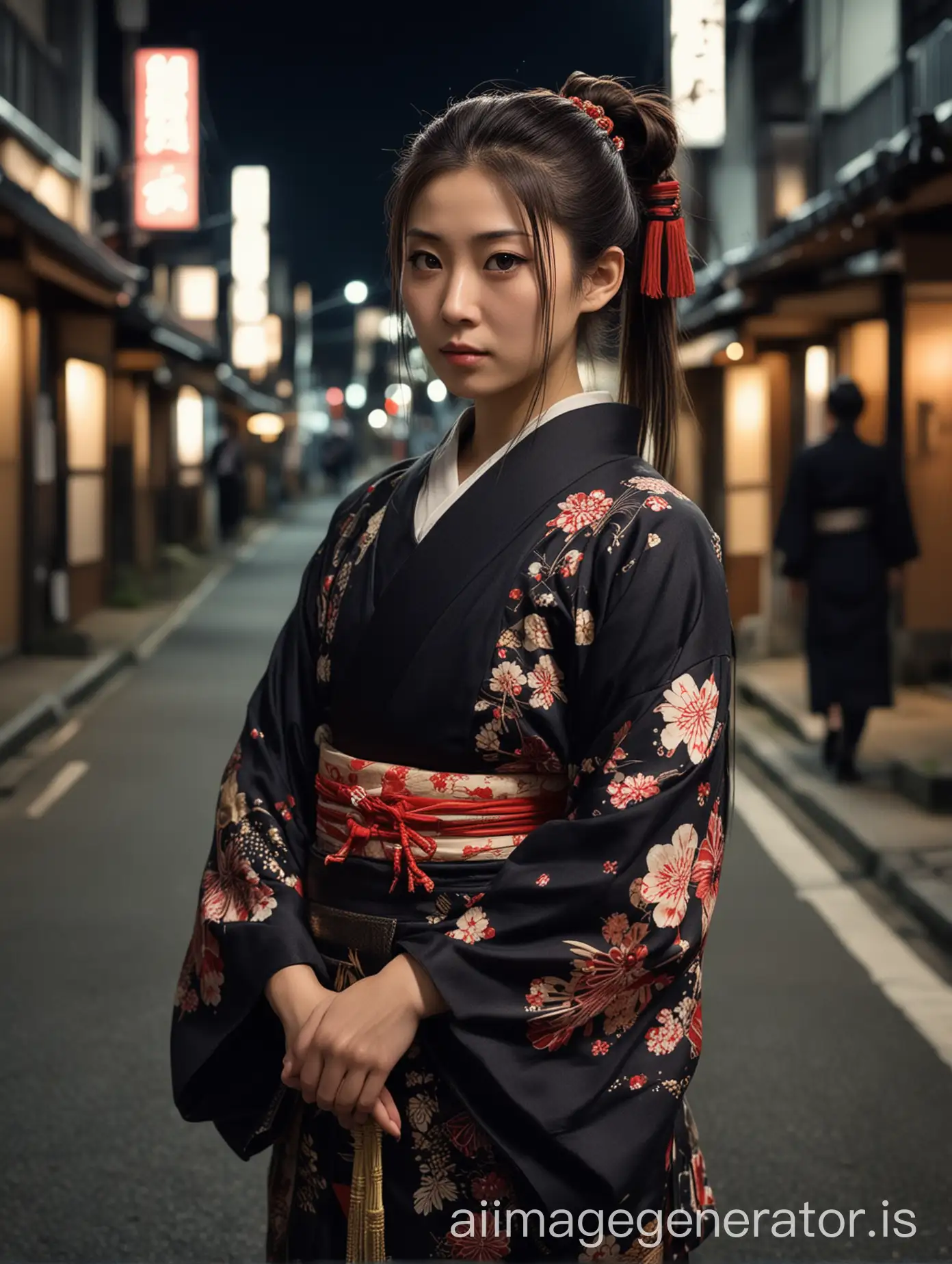 Mysterious-Gothic-Samurai-Woman-Stands-Alone-in-Night-Street
